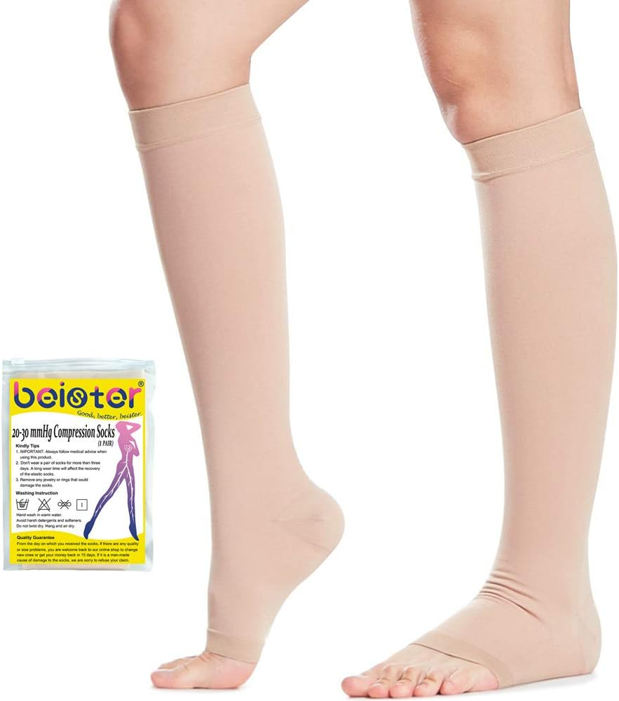 Beister Medical Open Toe Knee High Calf Compression Socks for Women & Men, Firm 20-30 Mmhg Graduated Support Hosiery for Varicose Veins, Edema, Flight, Pregnancy （A Pair）