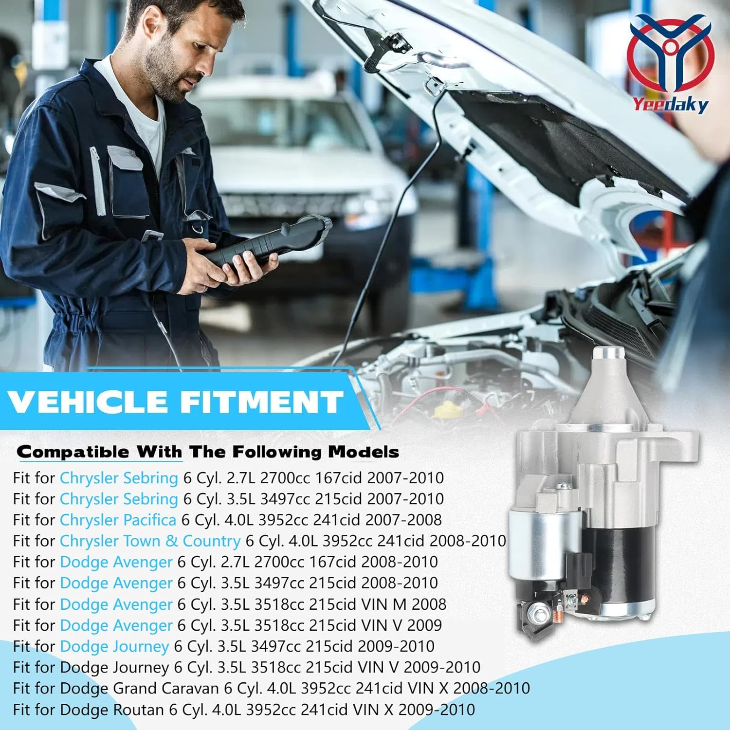 19026 Starter for Pacifica Touring 4.0L 2007-08 Sebring Touring 2.7L 2007-10 Sebring Limited 3.5L 2007-10 Starter Motor OE# 7B0-911-023A SR6459X 04608800AE 4608800AE image number 2