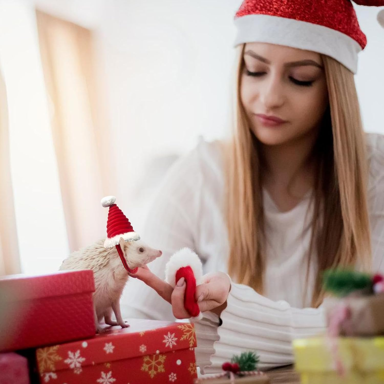 Pet Christmas Hat, Pack of 2 Mini Christmas Hat for Pets, Cat Christmas Hat, Adjustable Christmas Hat, Christmas Pet Costume, Christmas Costume for Dogs, Cats, Hamsters, Bunny image number 1