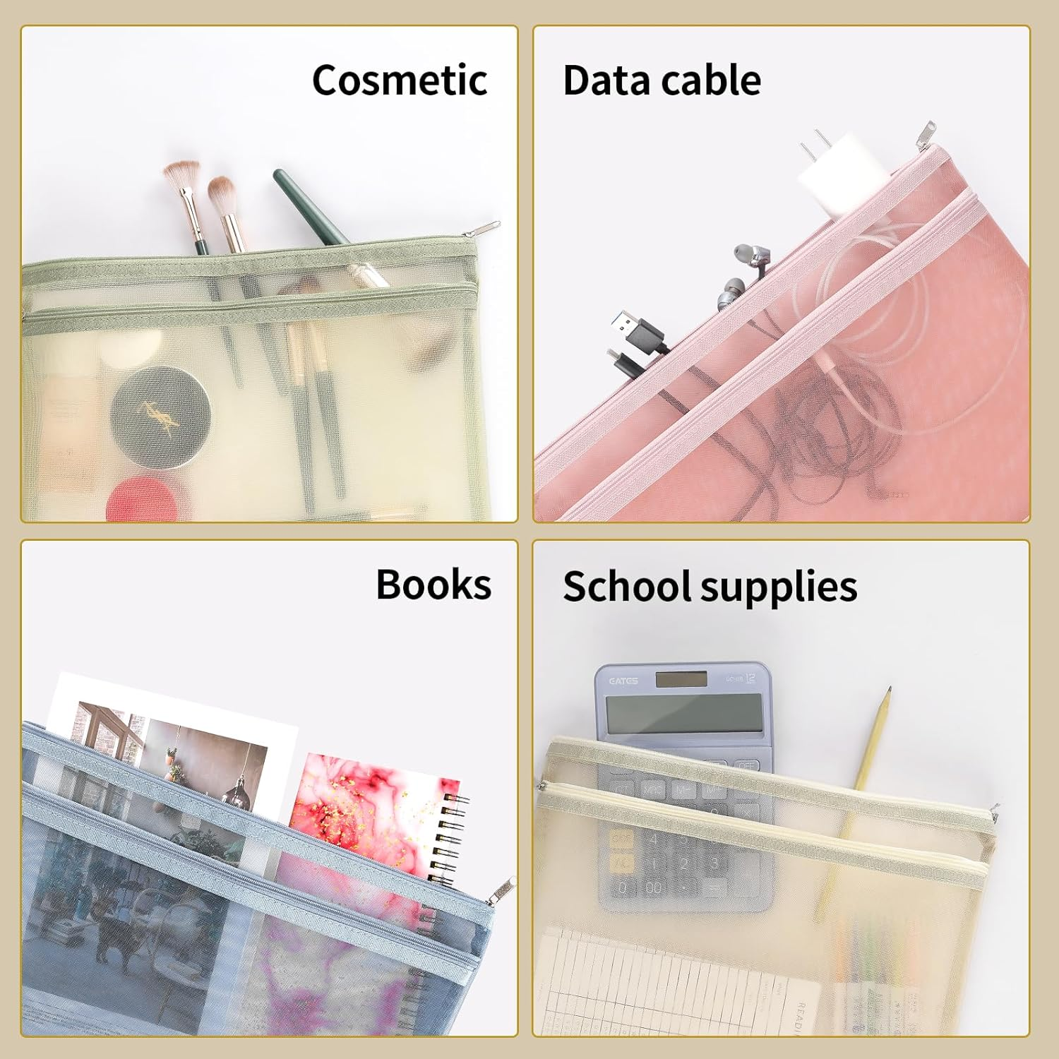 Truelux 10 Pack Colored Double-Layer Mesh Zipper Pouch Bags, Nylon Building Block Sets Toy Storage & Organization, Breathable See through (5Pcs A4+5Pcs A5) Pouch with Handle for School Office Games