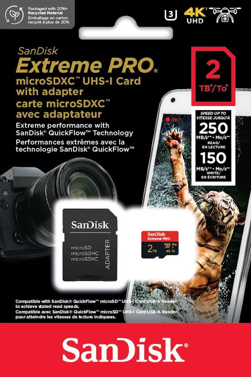 Sandisk Extreme PRO Micro SD Card + SD Adapter 2TB (For Smartphones, Action Cams, Drones, Speeds up to 250 Mb/S, 5K, 4K UHD) A2 App Performance + Rescuepro Deluxe UHS-I, C10, U3, V30 image number 3