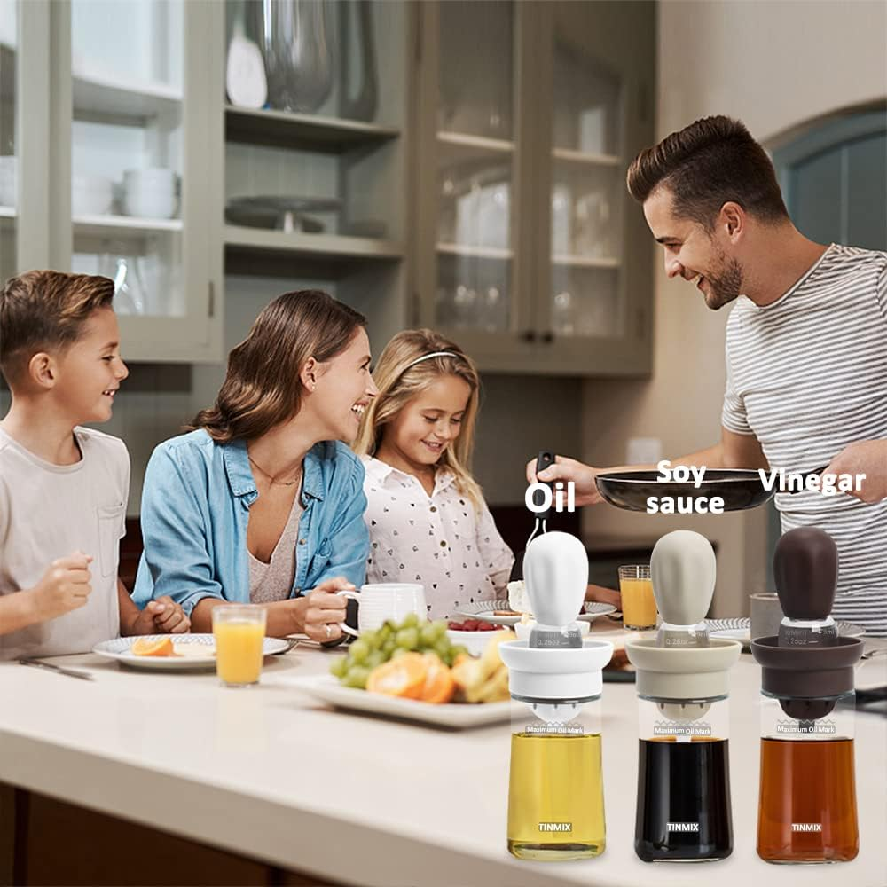 TINMIX Oil Dispenser Bottle with Silicone Basting Brush - Kitchen Olive Oil Bottle for Cooking Vinegar Sauce BBQ Grill Frying Baking, Kitchen Aid, T-OB21S, Grey - 2X Straws image number 4