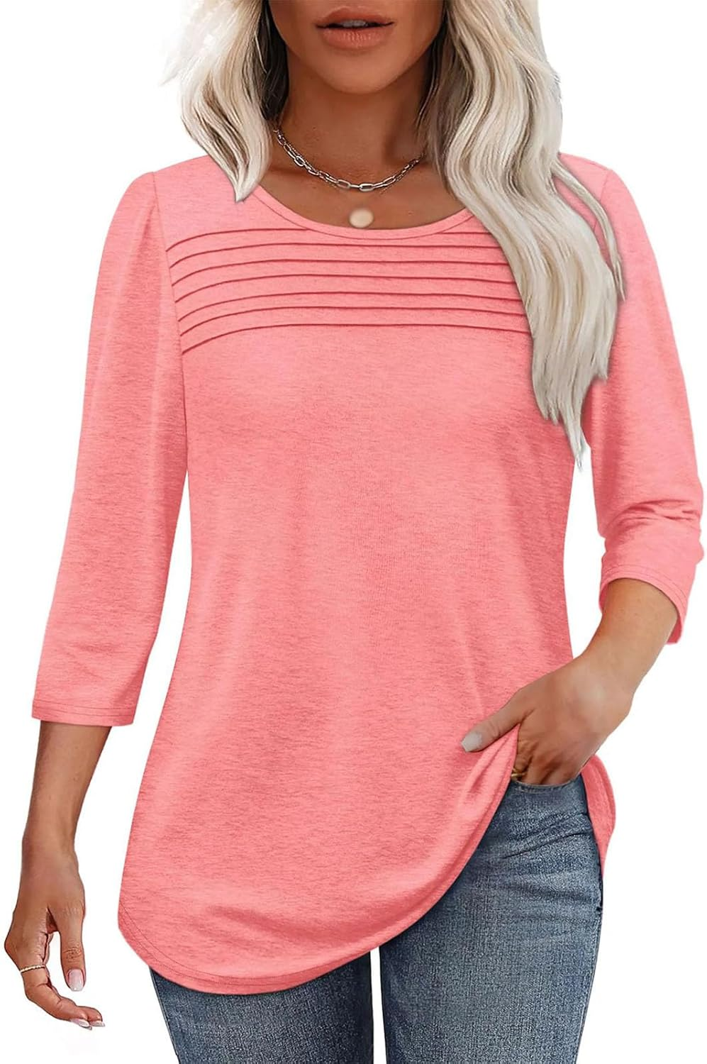 2025 Women'S 3/4 Length Sleeve Top Pleated Front T-Shirt, Curved Hem Casual Shirt for Work & Weekend,Dressy Casual for Women'S image number 5