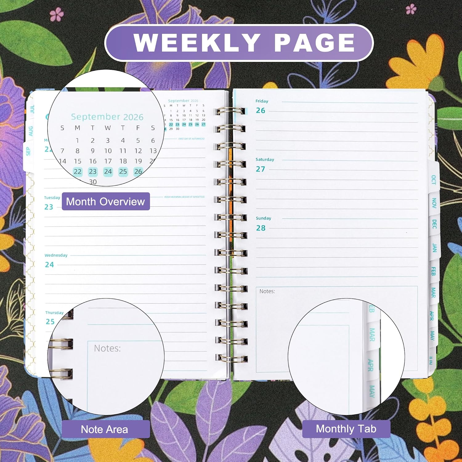 Junart 2026 Academic Diary A5 Week to View from January to December 2025 Weekly & Monthly Planner,Teacher Planner,Academic Year Diaries with Elastic Strap(Violet) - 2026 Epiphyllum image number 7