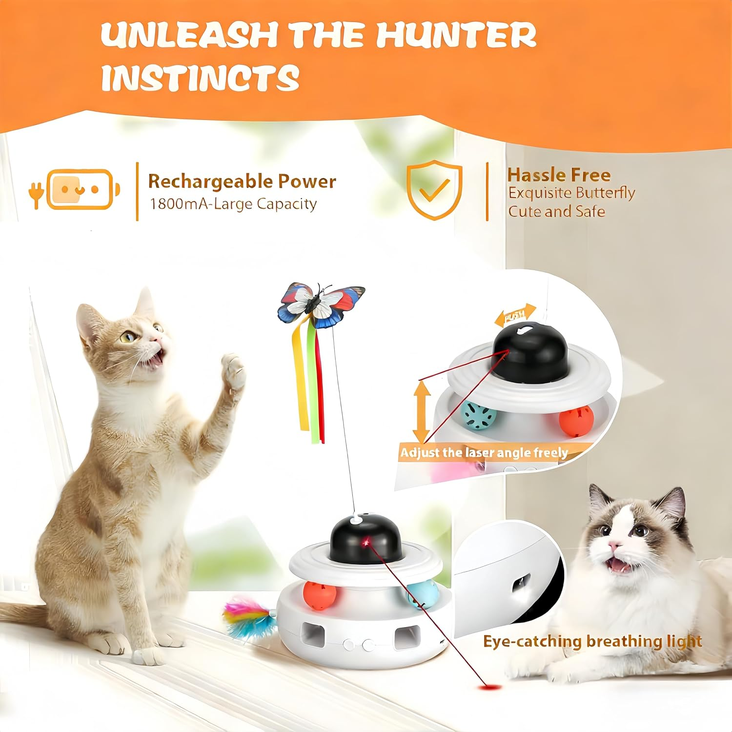 Interactive Cat Toys, 5-In-1 Indoor Automatic Cat Toy, Rechargeable, Safe, Silent,Intelligent Activation, Featuring Lights, Ball, Butterfly, Bird Sound, Feather, Rechargeable, Suitable for All Cat image number 3