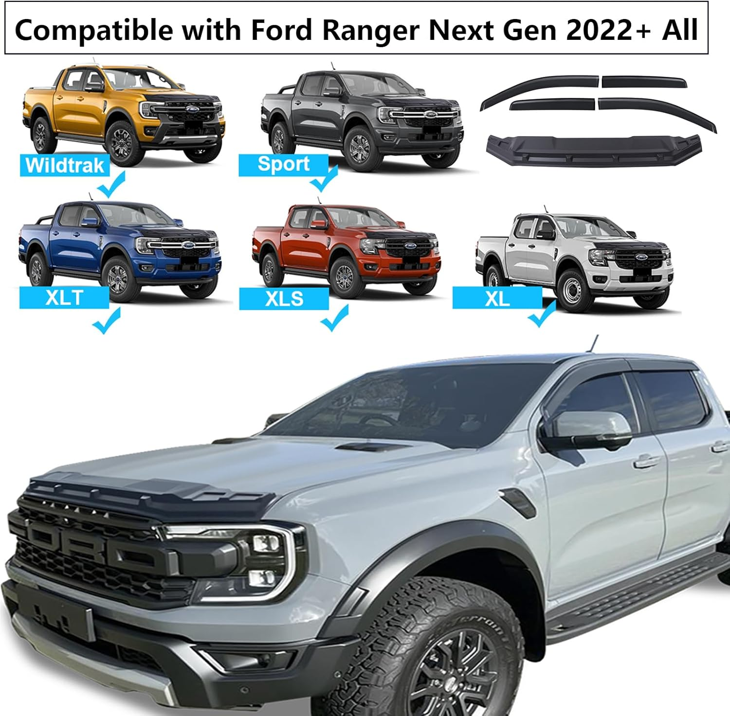 Bonnet Protector Weathershields Window Visor Set for Ford Ranger Next Gen 2022 2023 2024 2025 Accessories, Black Bonnet Protector Stone Guard Sun Rain Wind Deflector Guards image number 5