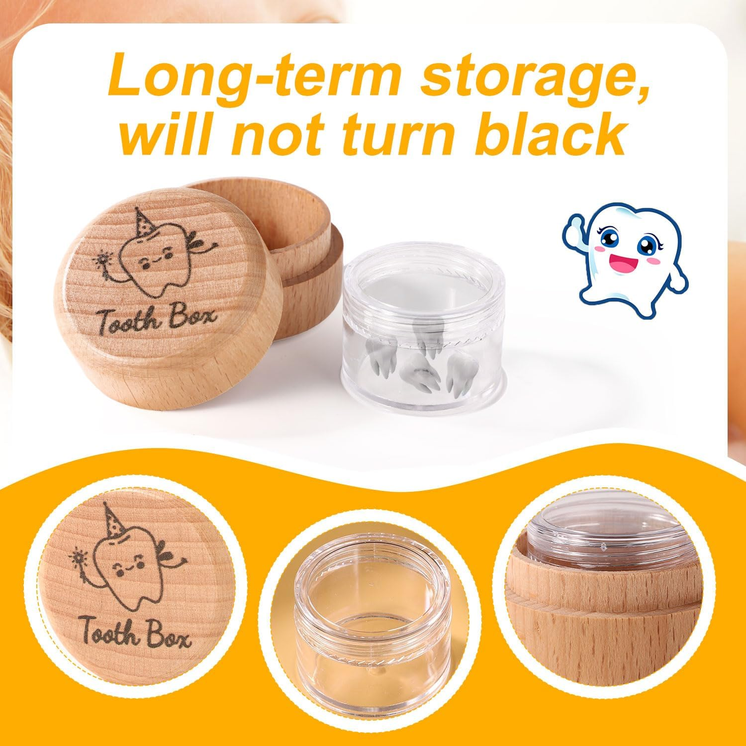 Gosknor Tooth Storage Box, Wooden Tooth Box with Transparent Plastic Box Cute Baby Tooth Box Tooth Holder Box for Lost Teeth Tooth Keepsake Box for Boys Girls Gift image number 2
