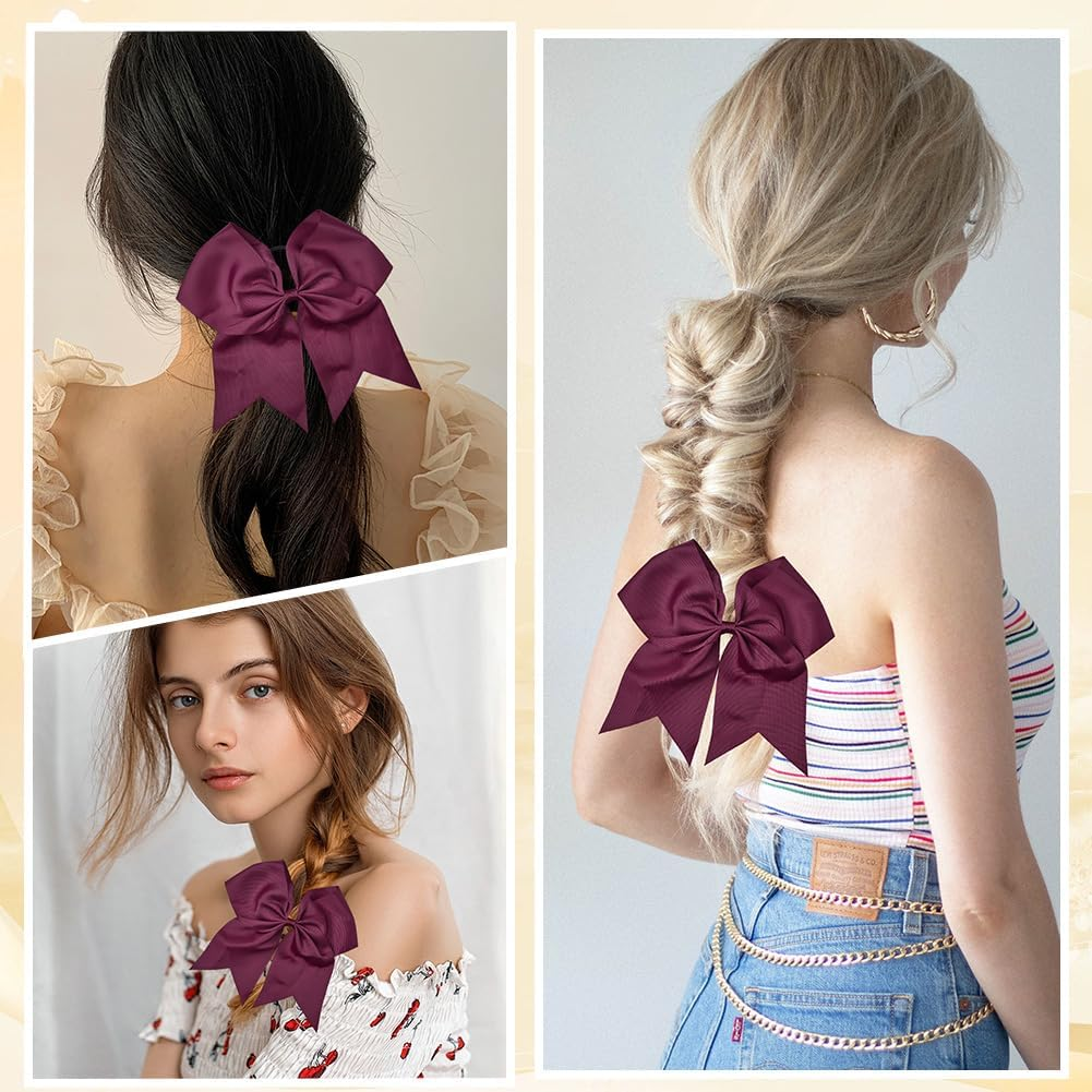 SUNNYCLUE 1 Box 2Pcs 7 Inch Red Bow Ponytail Holder Large Cheer Bows 20Cm Big Elastic Band Conquette Cute Silk Ribbon Cheerleading Hair Tie Bowknot for Women Basketball Sports Competition Cheerleader image number 2