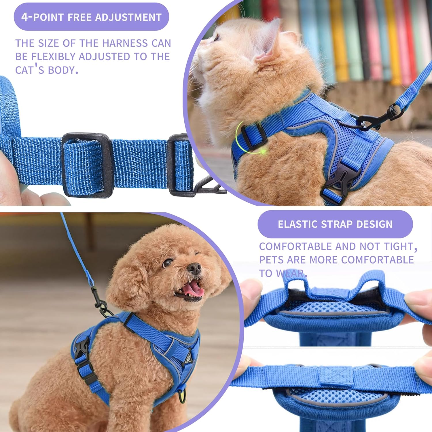 Tikxlafe Cat Harness with Leash, 150 Cm, Cat Leash with Harness, Polyester, Adjustable Cat Leash Set, Escape Proof for Kittens (Blue, M)