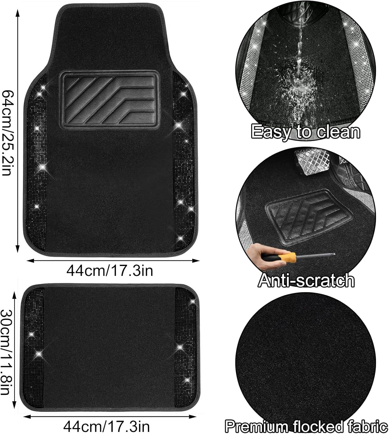 Bling Diamond Car Floor Mats Full Set, 4 Pack Sparkle Glitter Diamond Carpet with Anti-Slip Heel Pad, Waterproof Shining Rhinestone Automotive Mat Universal Fit Sedans,Suv,Vans,Trucks (Black Diamond)