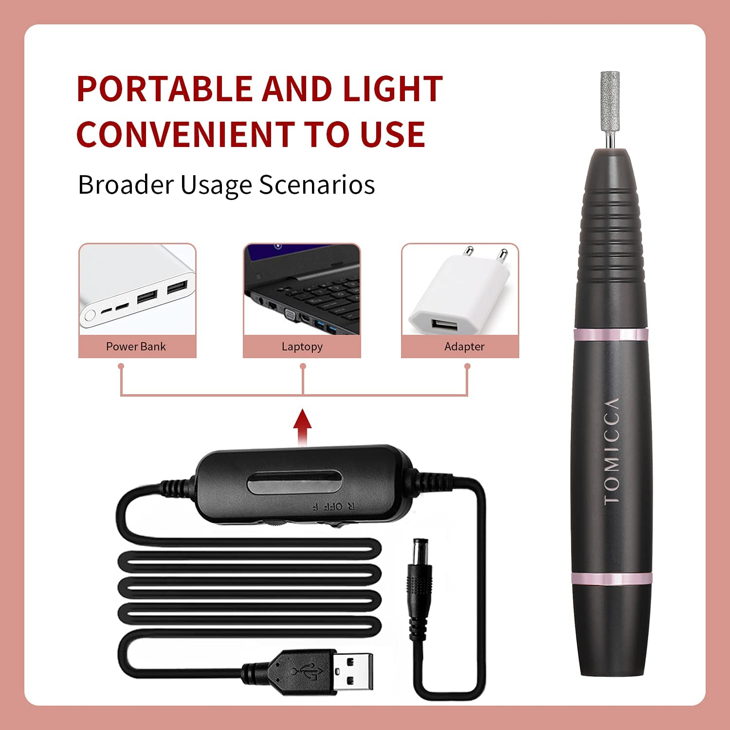 TOMICCA Professional Electric Nail Drill Kit, 20000 RPM USB Electric Nail File Machine with 12 Pcs Changeable Nail Drill Bits for Starter and Salon Use image number 6