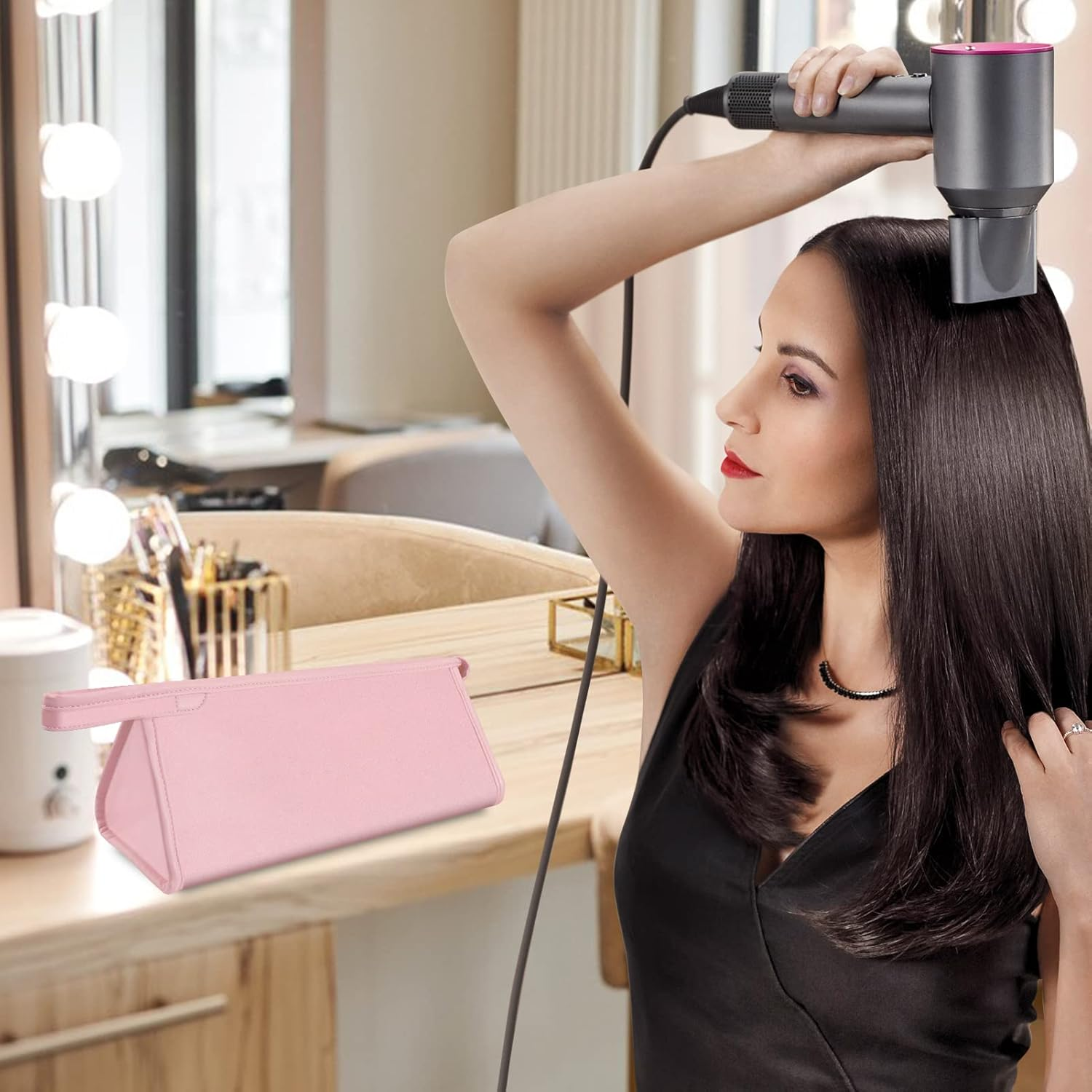 Travel Case for Dyson Airwrap Styler/Shark Flexstyle, Portable Carrying Case for Dyson Supersonic Hair Dryer, Waterproof Anti-Scratch Dustproof Shockproof Protection Organizer Travel Storage Bag(Pink) - Black image number 6