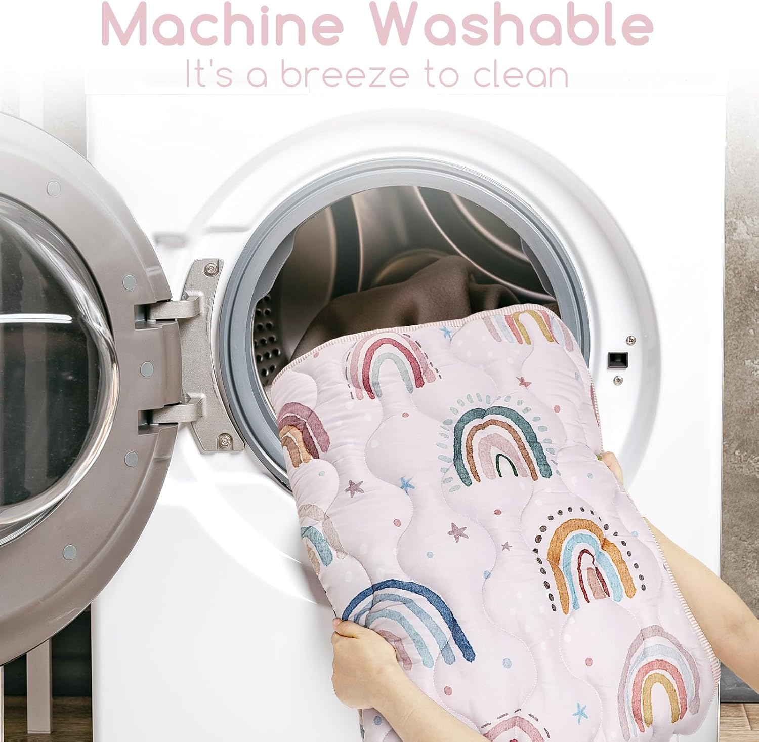 Baby Play Mat for Floor, 127X127 Cm Playpen Padded Mat for Baby, Soft Infant Tummy Time Crawling Mat,Anti Slip, Pink Rainbow image number 5