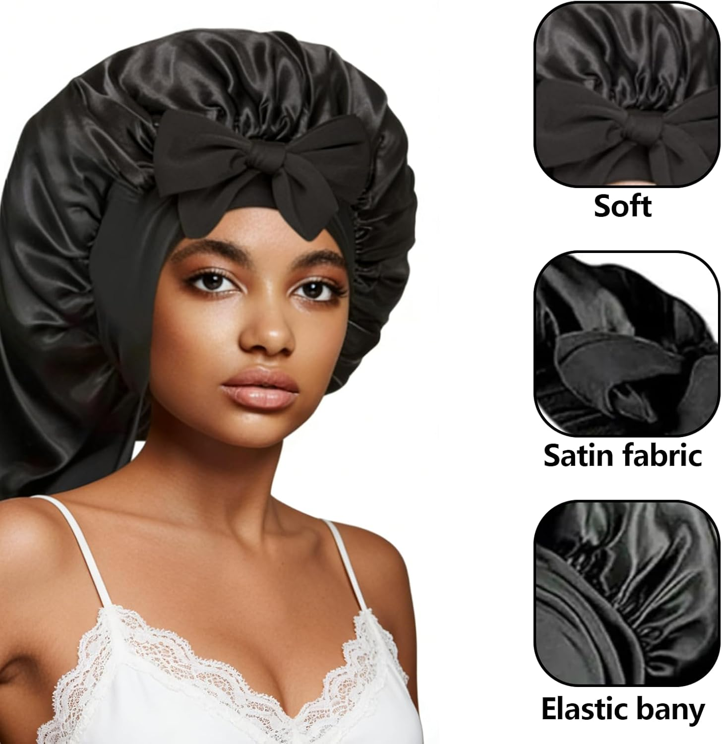 ONBPIY Braid Satin Bonnet Extra Long Hair Bonnet for Sleeping with Tie Band Foldable Hair Wrap for Braids Natural Hair Sleep Cap Black image number 1