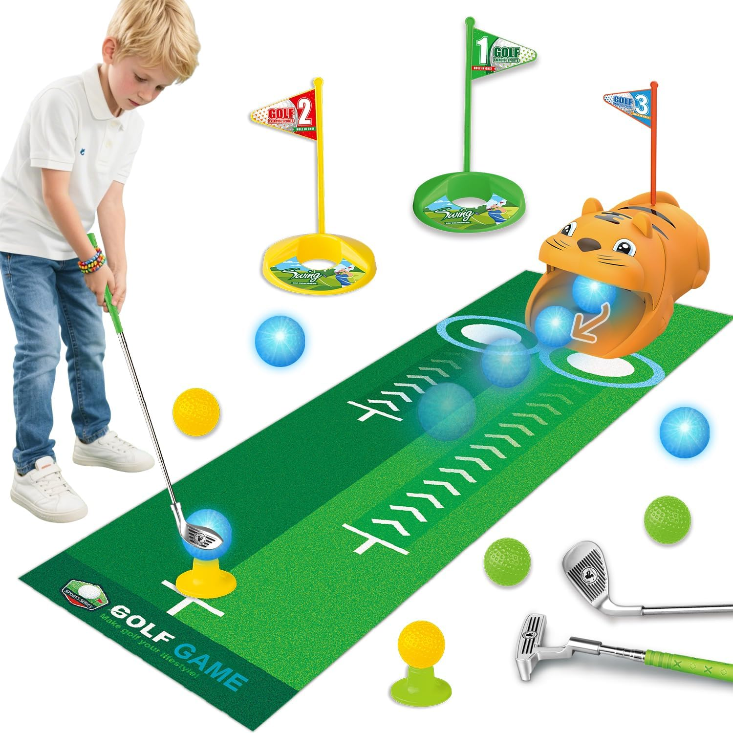 Fistone Kids Toy Golf Set, with Automatic Golf Returner, Golf Balls, Clubs, Putting Mat, Indoor Outdoor Sports Toy Birthday Gift image number 6