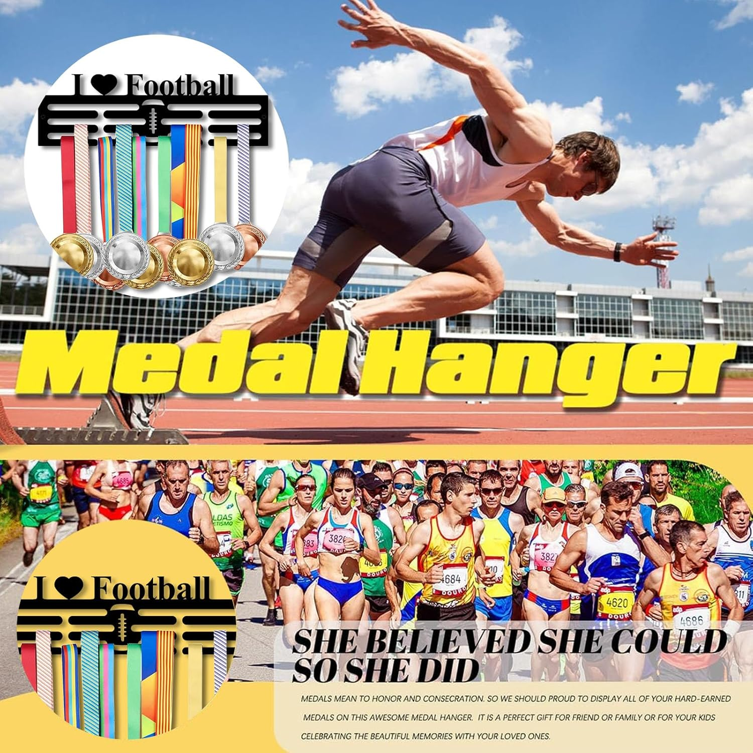 Resama Medal Hanger Holder Display Wall Rack Frame Shelf-Medal Hanger Awards Ribbon Soccer,Gymnastics,Holder Display Rack for 60 Medals - Basketball image number 7