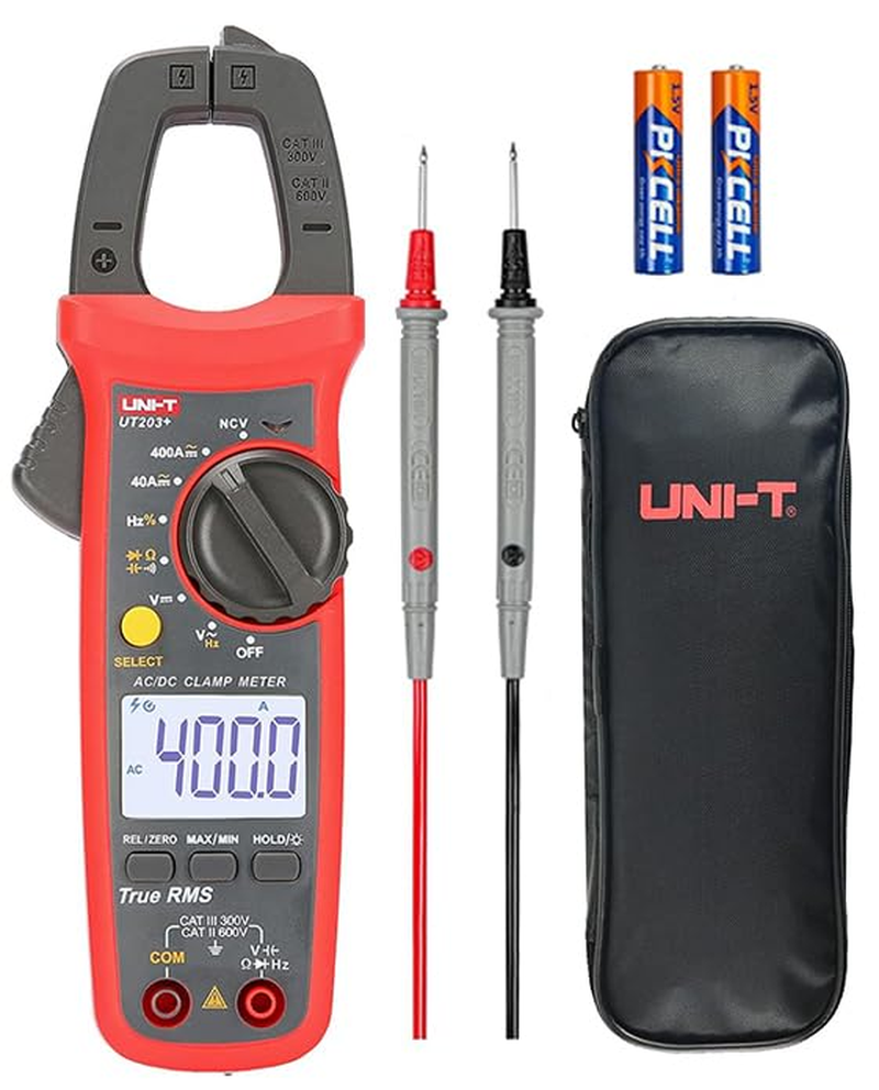 UT204+ Digital Clamp Meter, Handheld Clamp Multimeter with Ampere, Volt, Ohm, Diode, Temperature Tester., Includes Non-Contact Voltage (NCV) Detection for Quick and Safe Voltage Presence Checking.