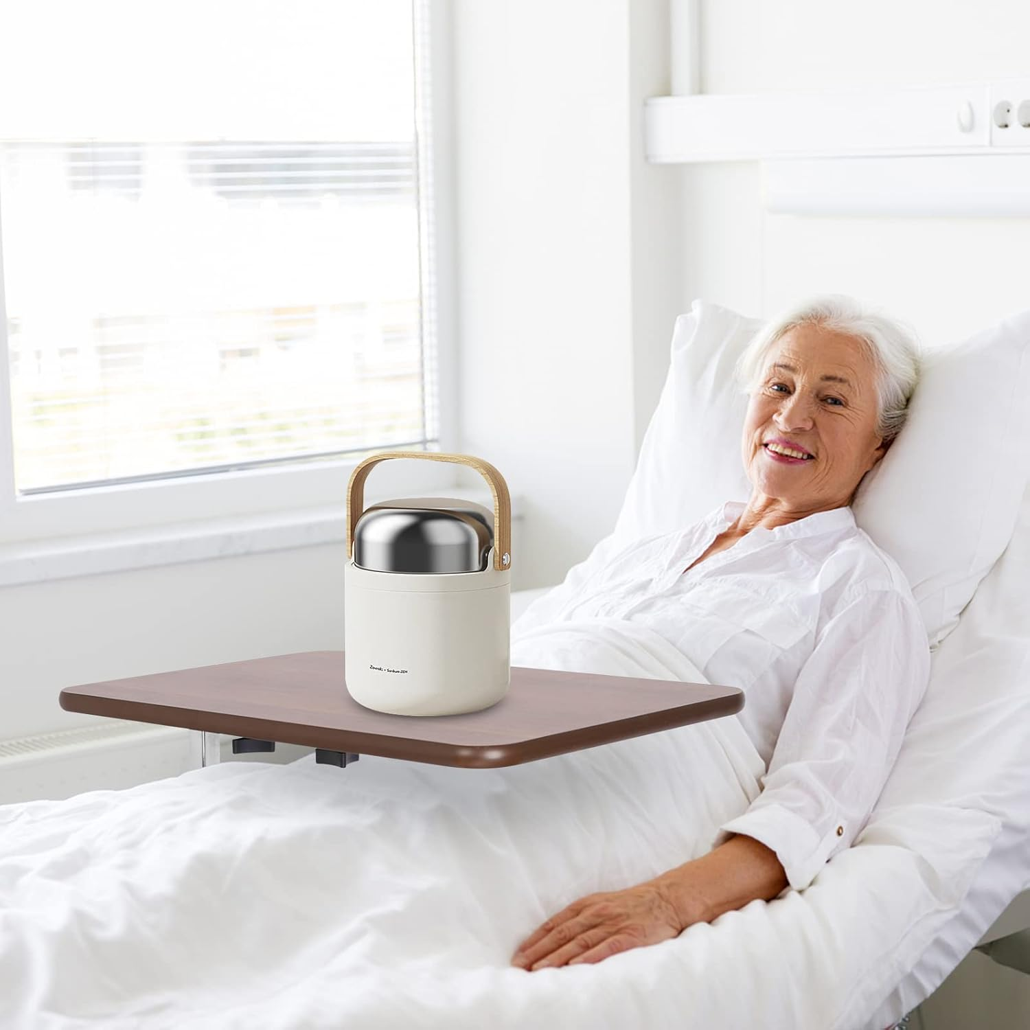 Altus Overbed Table over Chair Bedside Height Adjustable Walnut Desktop