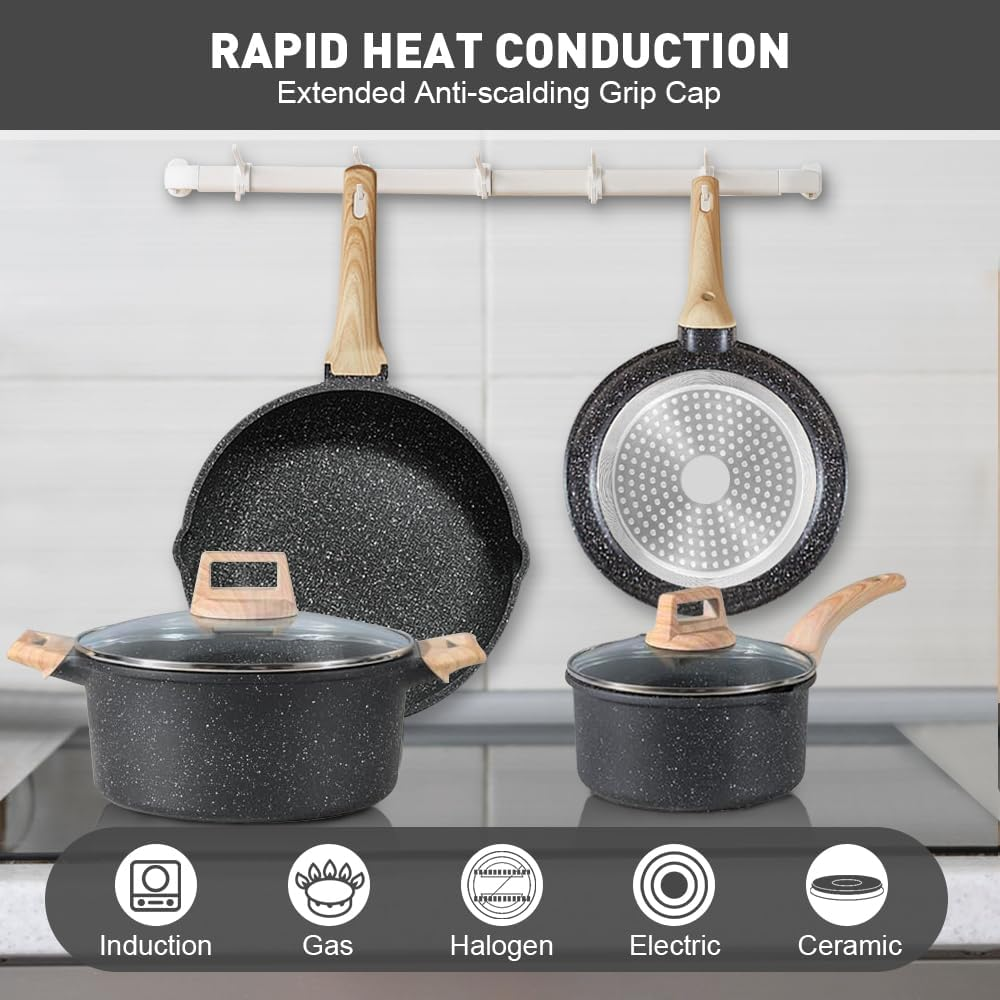 Sonicefit Nonstick Pots and Pans Set, 7PCS Induction Healthy Cookware Set with Saute Pan Saucepan Casserole Frying Pan, Non-Toxic Kitchen Cooking Set for All Stoves, PFAS & PFOA Free (Black-7Pcs) image number 6