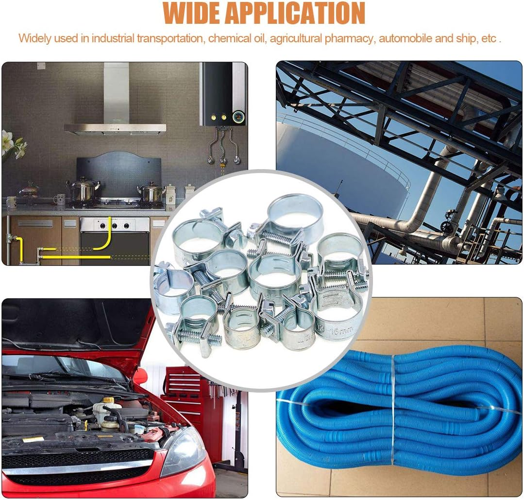 Keadic 60Pcs 10 Sizes Adjustable Zinc Plated Carbon Steel Mini Fuel Injection Style Hose Clamp Assortment Kit for Various Diesel Petrol Pipe