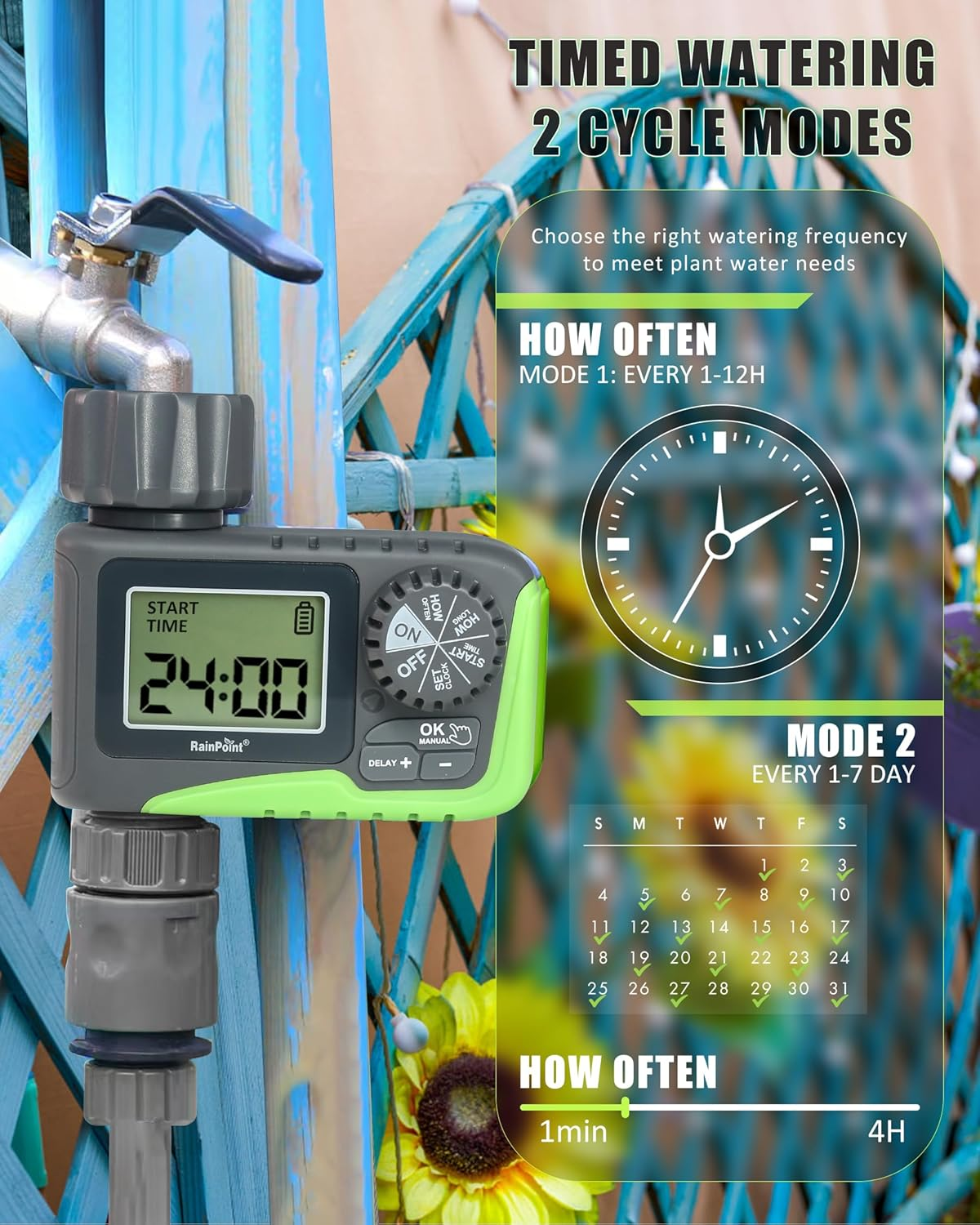 Tap Timer Outdoor, Programmable Water Timer for Garden Hose, Watering Timers with Rain Delay/Manual/Automatic Drip Irrigation and Lawn Watering System for Yard, 1 Outlet image number 5