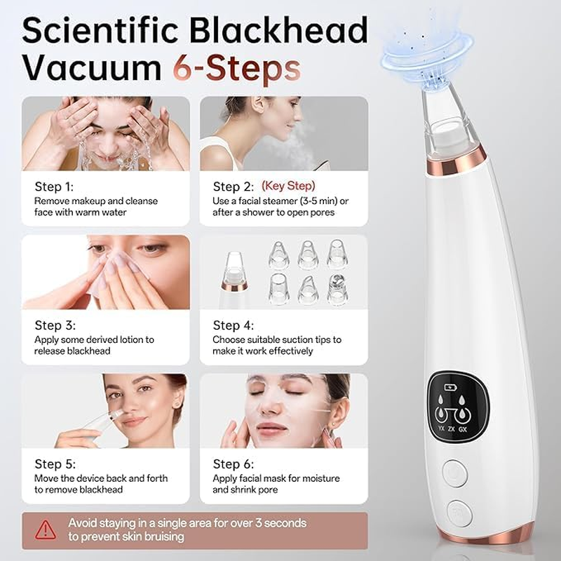 Frafuo Blackhead Remover Pore Vacuum, Facial Pore Cleaner with 3 Adjustable Suction Levels, 6 Probes, USB Rechargeable Blackhead Extractor Tools for Women & Men image number 2