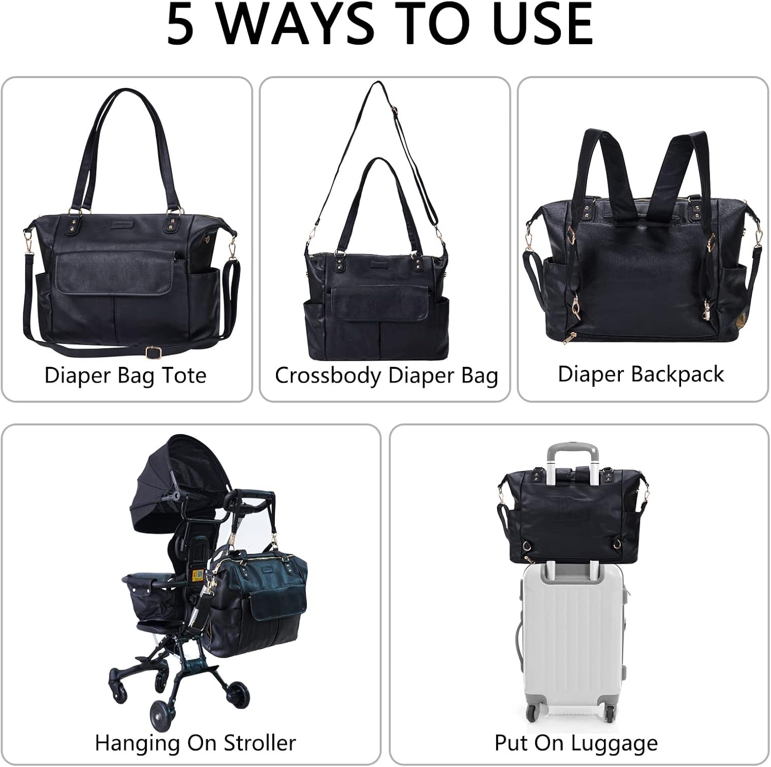 Diaper Bag Tote Johomviin Fashion Leather Diaper Bag Backpack with 13 Pockets for Mom Dad, Large Travel Baby Bag Purse for Boys Girls with 3 Insulated Pockets, Changing Station - Black image number 6