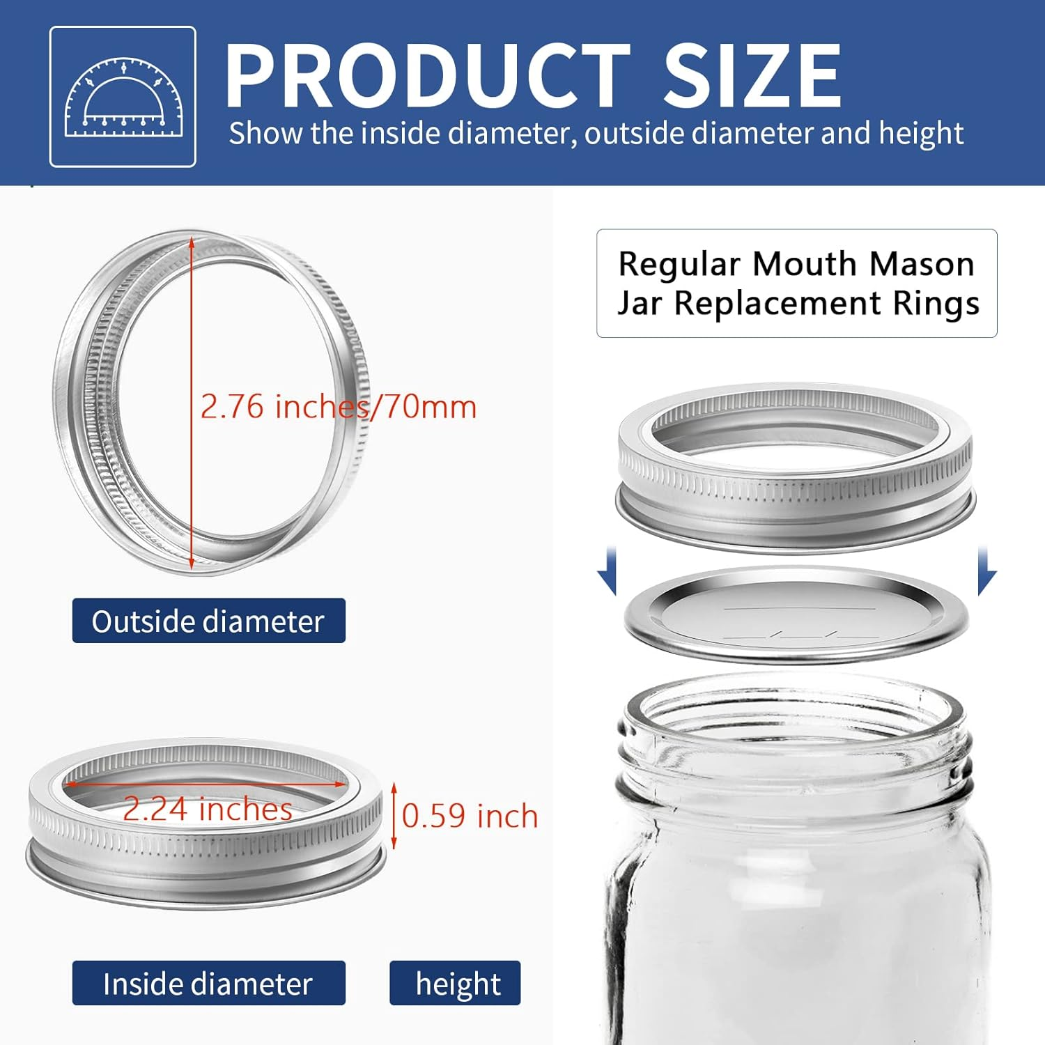 48 Pieces Regular Mouth Canning Jar Rings - Mason Jar Replacement Metal Screw Bands, Split-Type Seals, Rust Proof Leak Proof for Canning