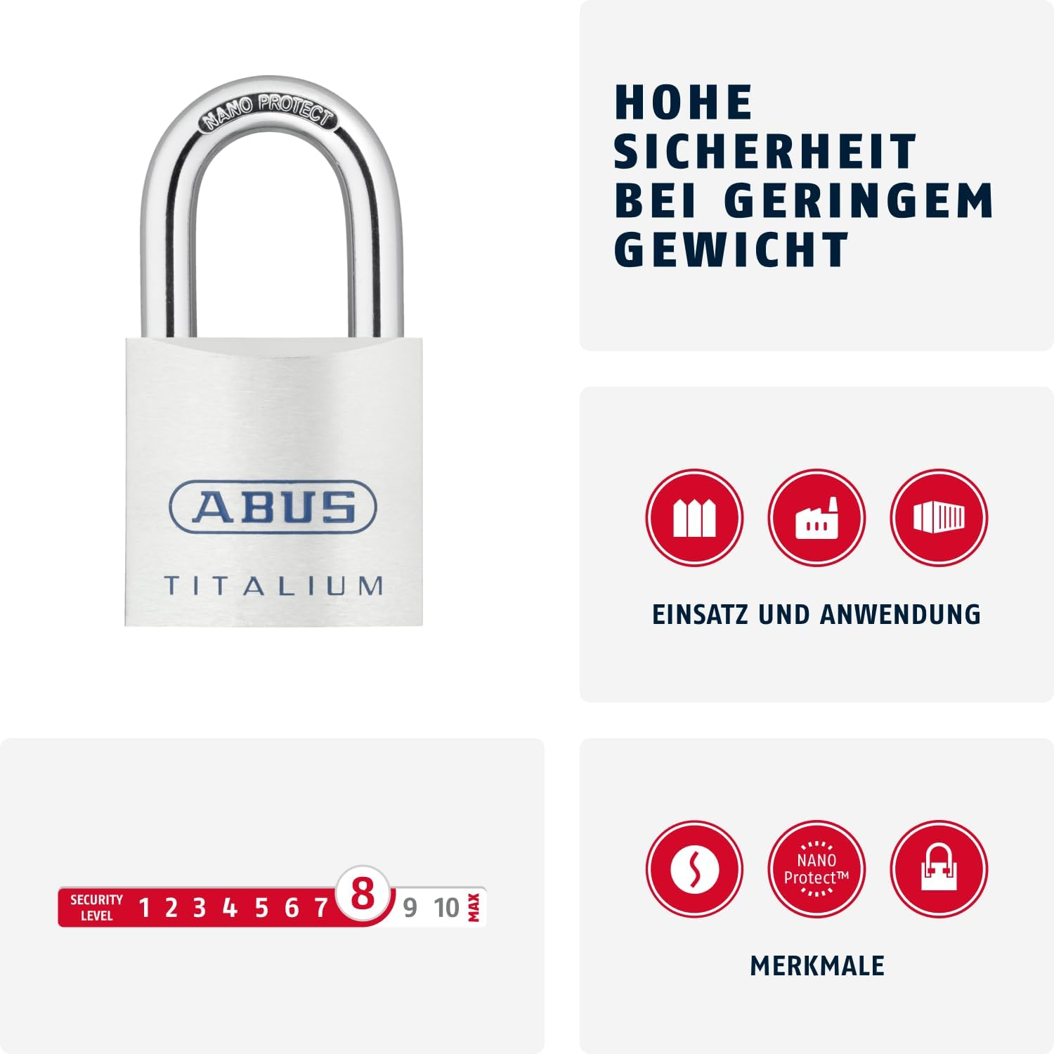 ABUS Titalium 80TI/50 Gl.-8012 Padlock - Keyed Alike - Basement Lock with Lightweight, Solid Lock Body Made of Special Aluminium - ABUS Security Level 8 - Silver image number 2