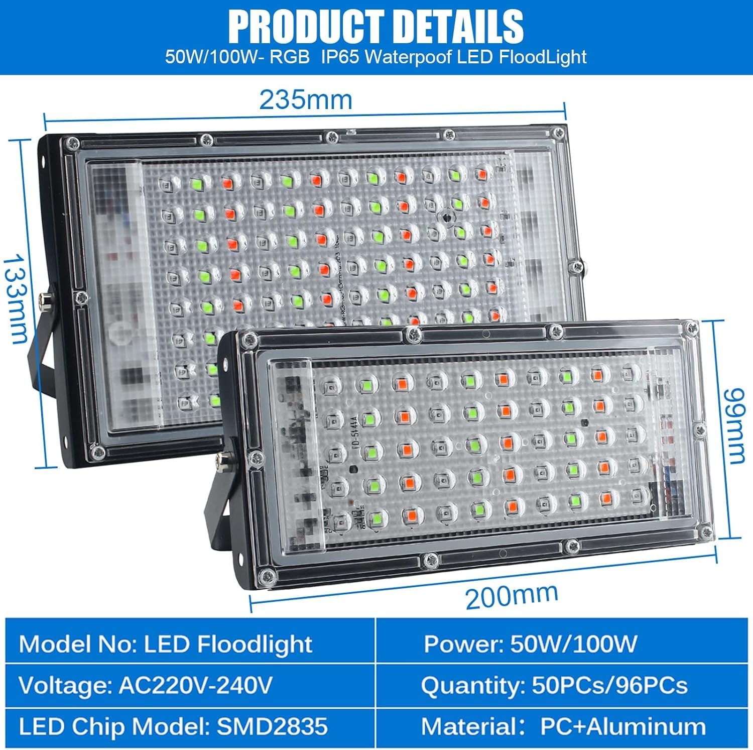 RGB Flood Light,Led Flood Light - 2 Pack 100W Smart RGB Light with Remote Control,Waterproof IP66 Floodlight,Outdoor Colour Changing Lights for Garden,Yard,Stage Lighting,Discos image number 5