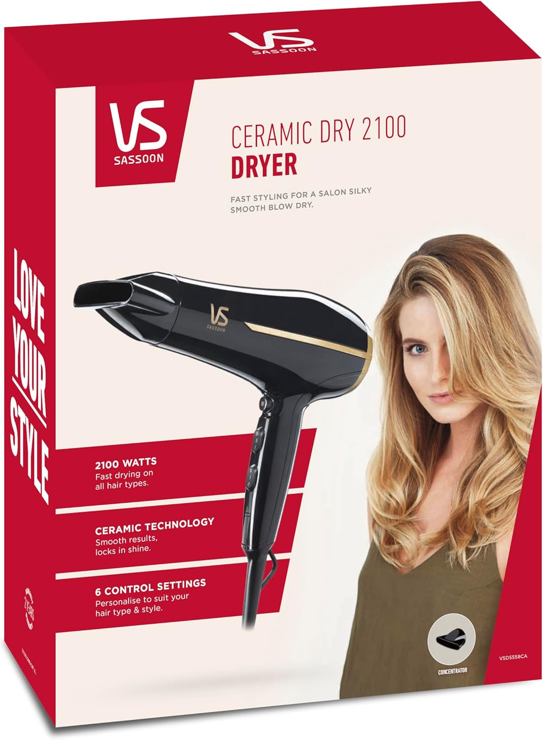 VS Sassoon Ceramic Pro Dry 2100 Hair Dryer &ndash; 2100W Powerful Blow Dryer for Fast Drying, Ceramic Technology for Smooth Shine, 6 Heat & Speed Settings for All Hair Types image number 2