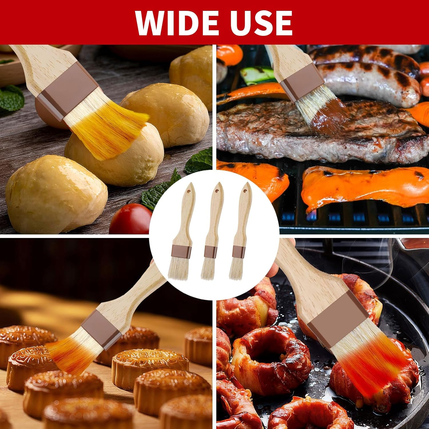 3PCS Silicone Basting Brush Set with Rubberwood Handles Heat Resistant Oil and Pastry Brushes for Cooking Baking BBQ Easy to Clean Kitchen Brushes for Home and Outdoor Use image number 5