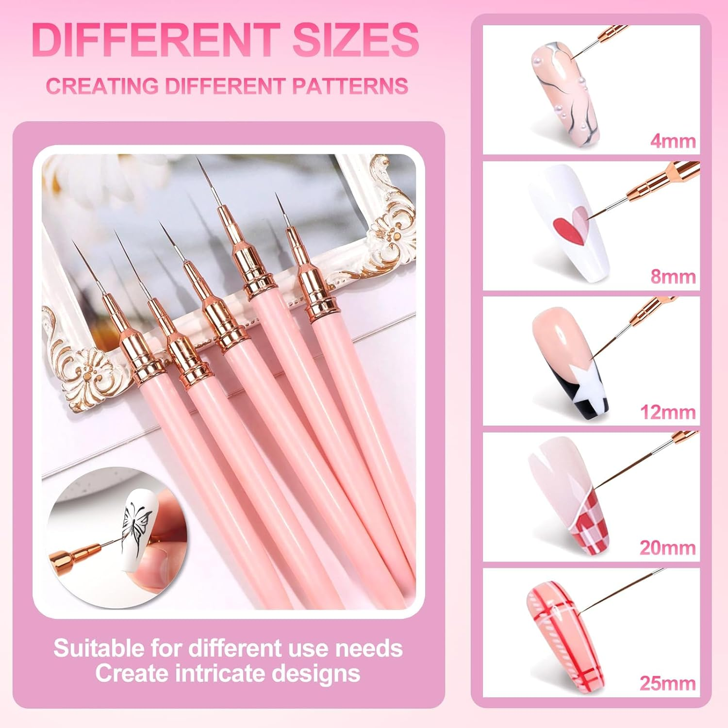 Sularpek Nail Art Liner Brushes, 5Pcs Nail Painting Design Brush Set for DIY & Professional Use - Fine Drawing, Long Lines, Thin Details - Sizes 4/8/12/20/25Mm, Pink image number 2