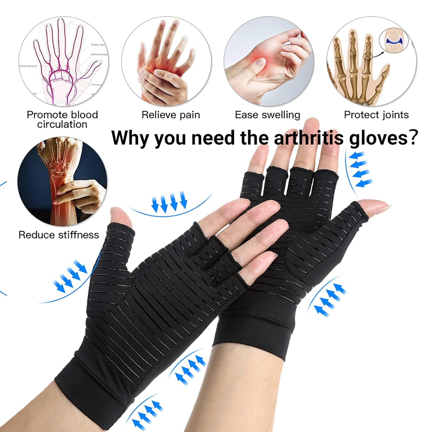 Mokigol Copper Arthritis Gloves, Copper Infused Fingerless Glove for Arthritis Pain to Alleviate Carpal Tunnel, Rheumatoid, Tendonitis, Computer Typing and Daily Work Fits Women & Men, Black, Medium image number 6