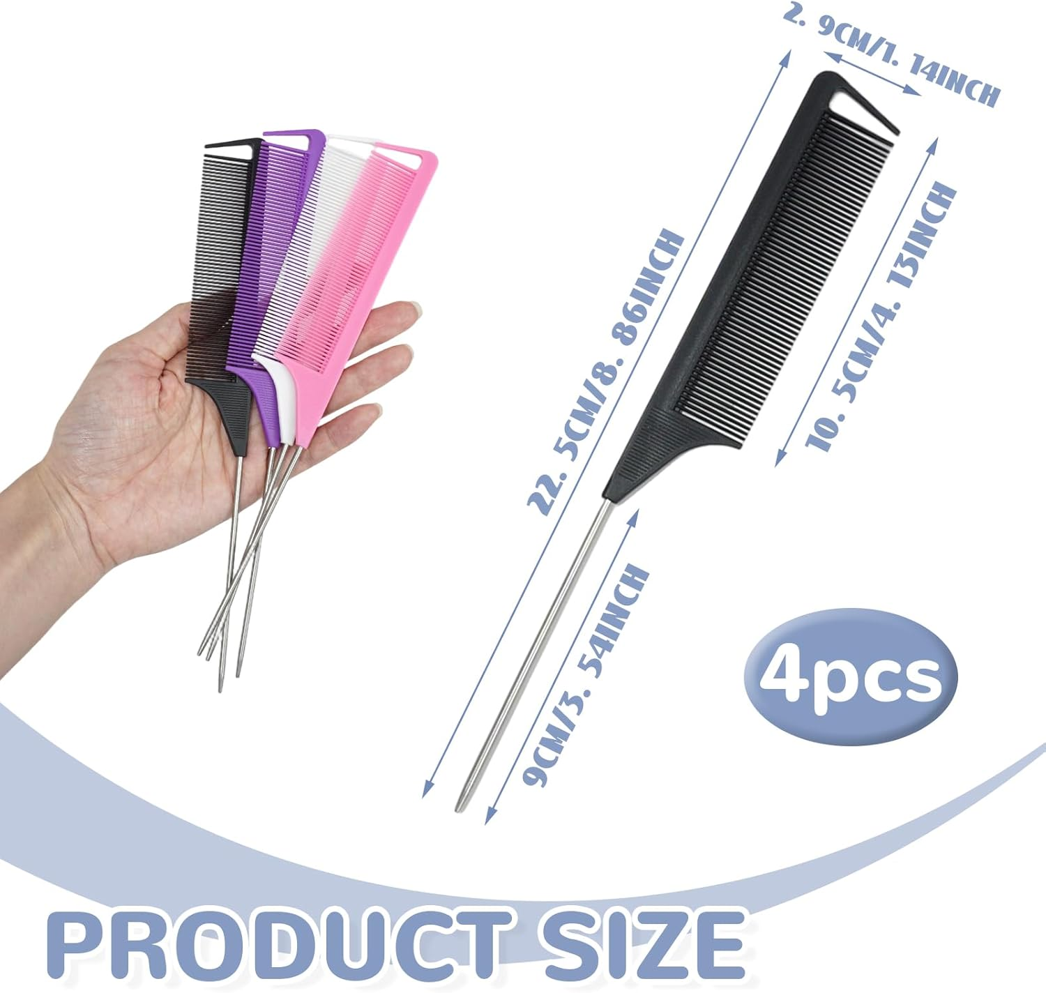 4 Pcs Rat Tail Combs Set, Professional Hair Styling Combs with Fine-Tooth Design and Stainless Steel Pointed Tail for Parting, Braiding, Highlighting and Teasing (Black, Pink, Purple, White) image number 1