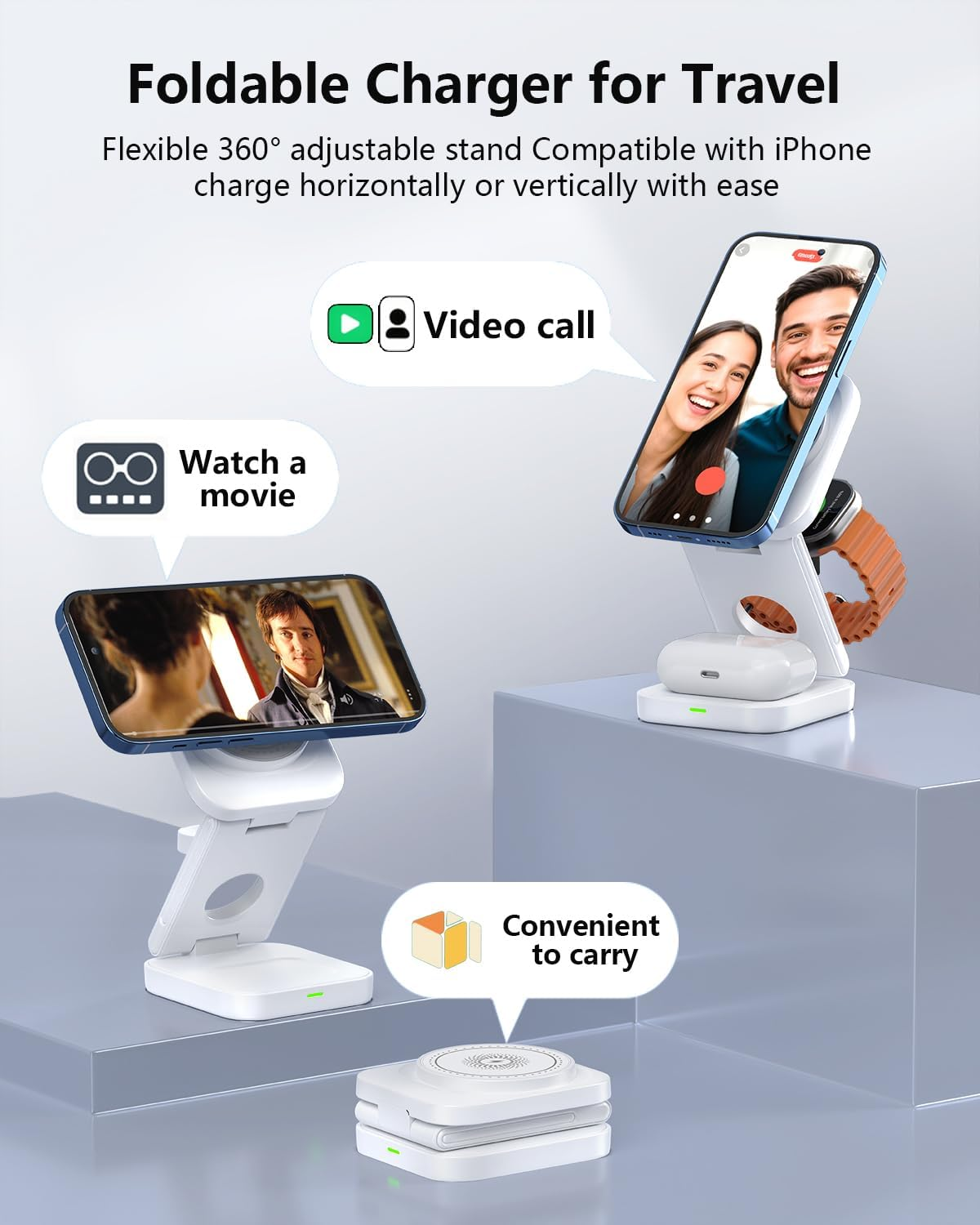 3 in 1 Wireless Charger,Magnetic Foldable Fast Wireless Charger Station Compatible with Iphone 15/14/13/12/Pro/Plus/Pro Max,5W for Apple Watch 9/8/7/6/5/4/3/2/Se/Ultra 2, Airpods 3/2/Pro (White) image number 5