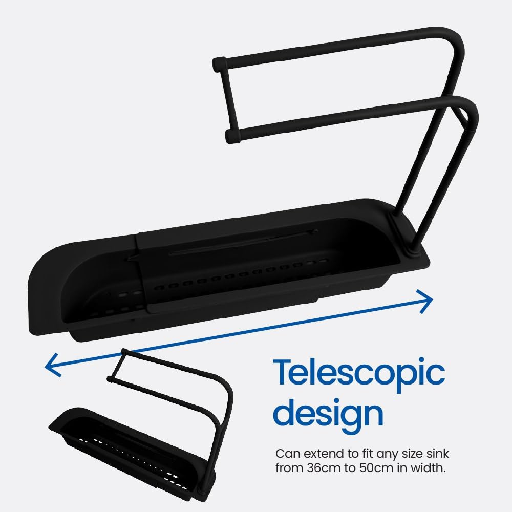 White Magic Sink Organiser Black - Adjustable 36-50Cm, Rust-Free with Recessed Compartments, Towel Bar, and Drainage for Dry, Clutter-Free Sink Storage. Easy to Assemble, Clean, and Built to Last image number 2