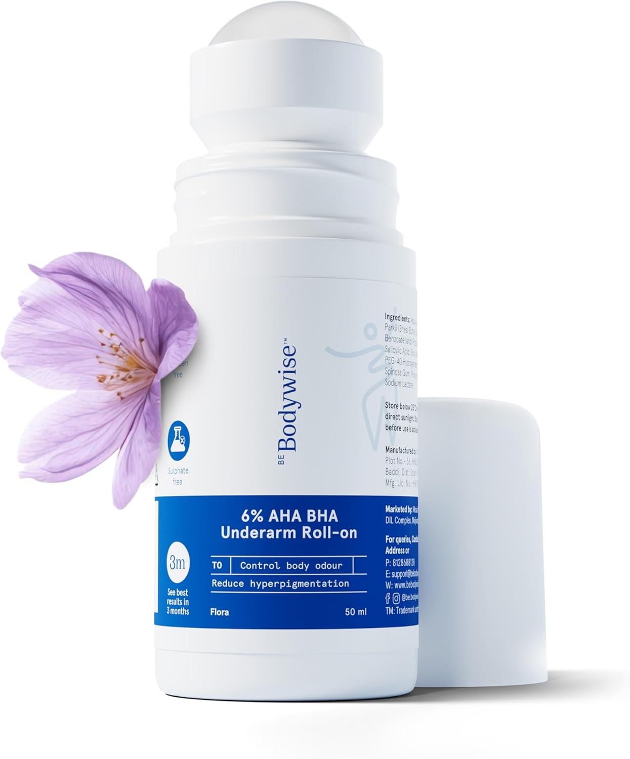 Be Bodywise Underarm Roll on |4% AHA BHA 1% Salicylic Acid, 2% Lactic Acid | Prevents Odour, Pigmentation | Brightens Skin, Kills Bacteria I Long Lasting | 0% Alcohol I Flora Advanced I 50Ml