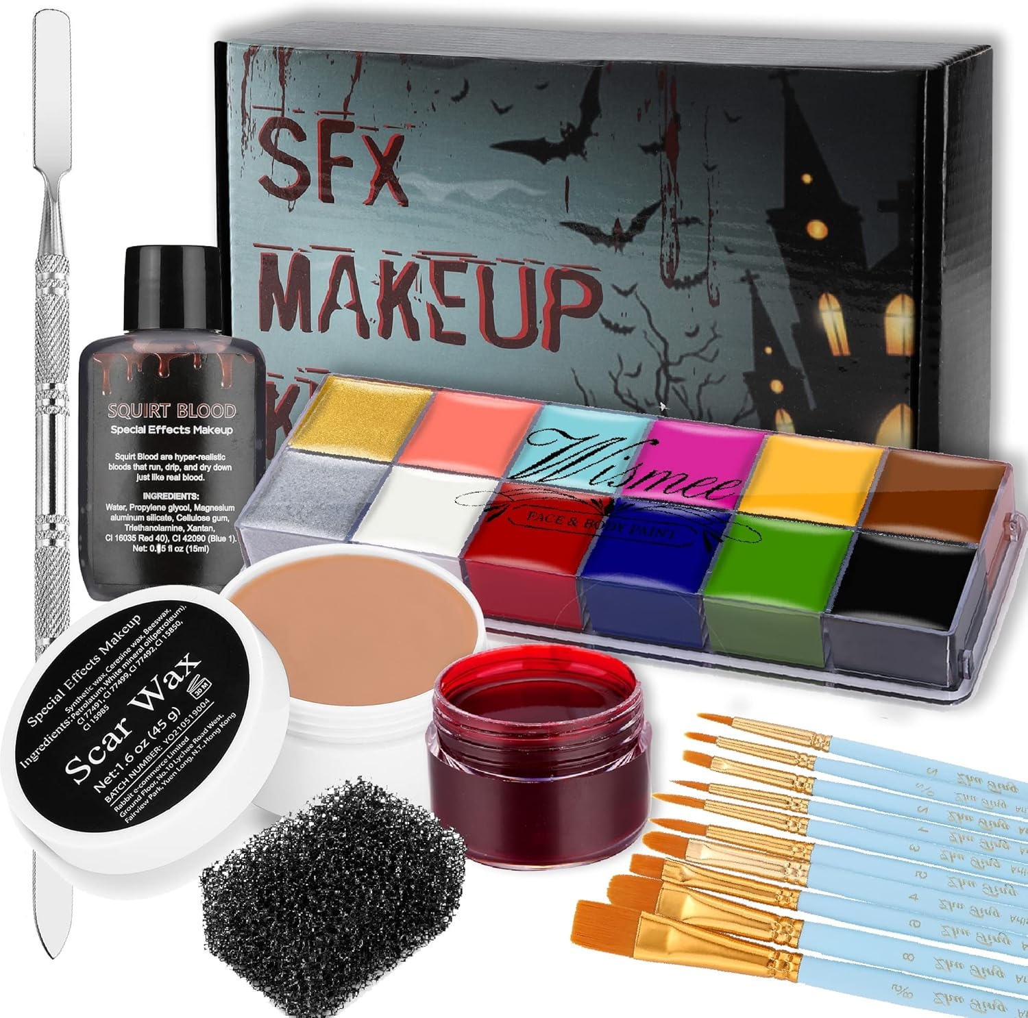 Wismee Pro Stage Special Effects Halloween Face Body Paint Kit, 12Colors Oil Based Makeup Palette (167Ml) + Wound Scar Wax (47Ml) Fake Scab Blood (19Ml) + Spatula + 10 Brushes image number 1