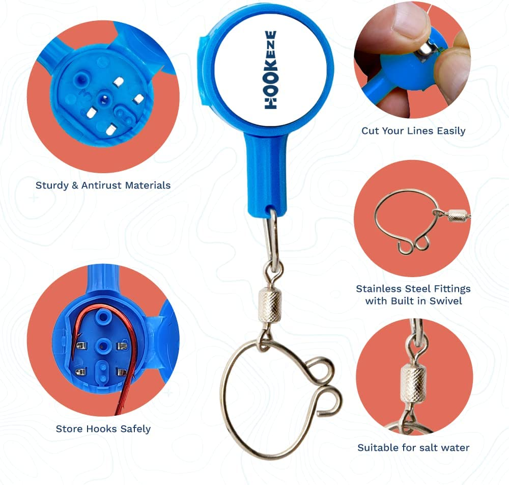 Hook-Eze NEW Larger Model Reef & Blue Water - Hook Tying & Safety Device + Line Cutter - Cover Hooks on 2 Rods & Travel Safely Fully Rigged. Multi Function Fishing Device. - Blue image number 7