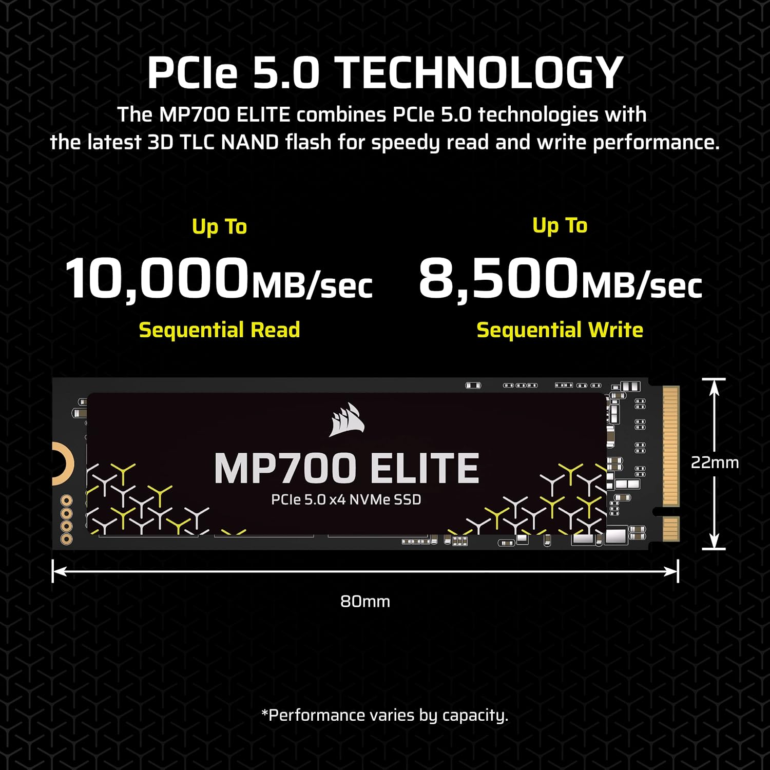 CORSAIR MP700 Elite 2TB Pcie 5.0 X4 Nvme M.2 SSD &ndash; up to 10,000Mb/Sec &ndash; High-Density 3D TLC NAND &ndash; M.2 2280 - Directstorage Compatible &ndash; Black image number 3