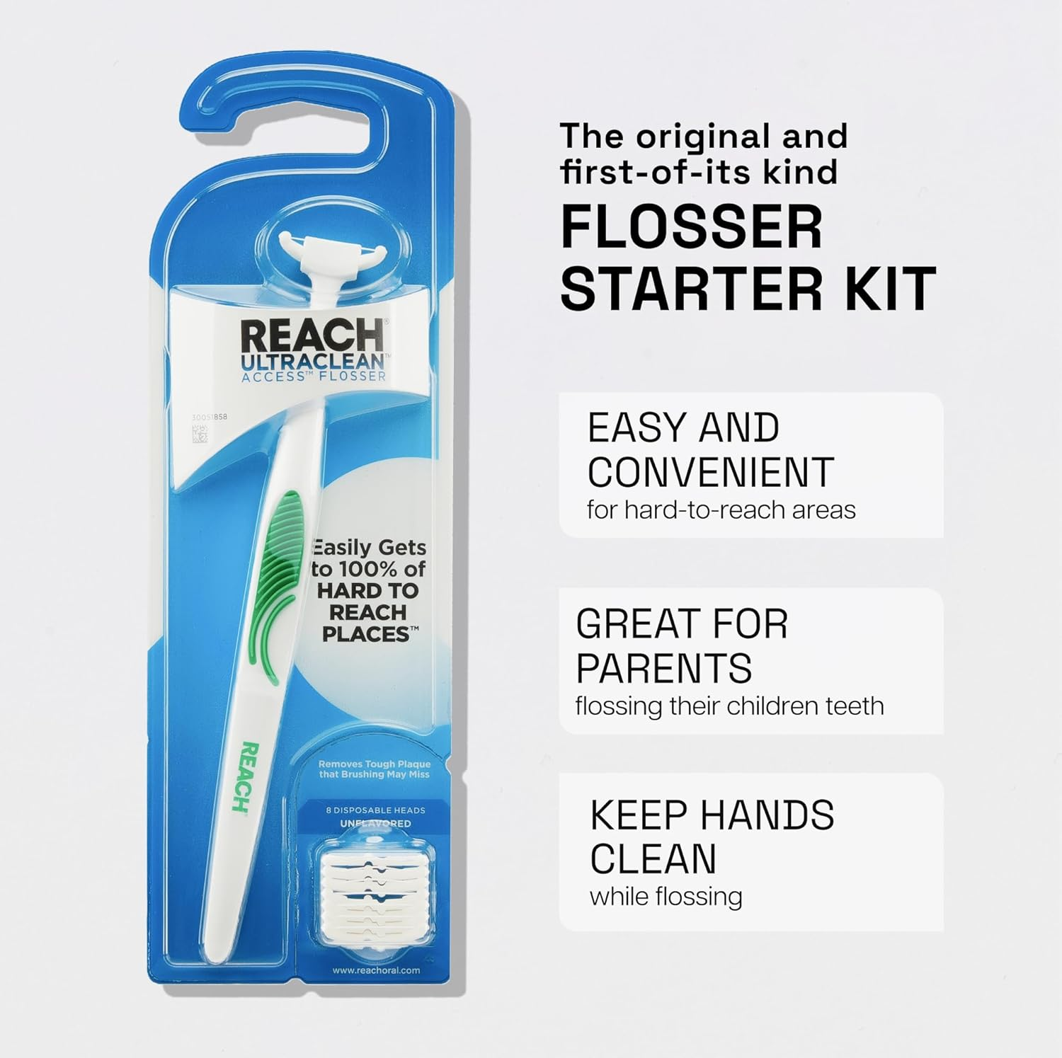 REACH Ultraclean Access Flosser Starter Kit, Unflavored, Plaque Remover for Teeth, for Hard to Reach Areas, Oral Care, PFAS Free, 1 Replaceable Flosser & 8 Refill Heads, 1 Pack image number 1