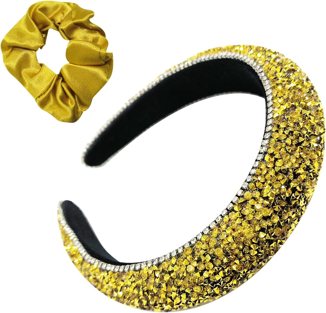 1 Piece Gold Rhinestone Headband, 1 Piece Gold Hair Scrunchie, Hair Band, Gemstone Hair Band, Crystal Satin Hair Scrunchie, Suitable for Parties, Gatherings, Birthday and Holiday Gifts image number 1