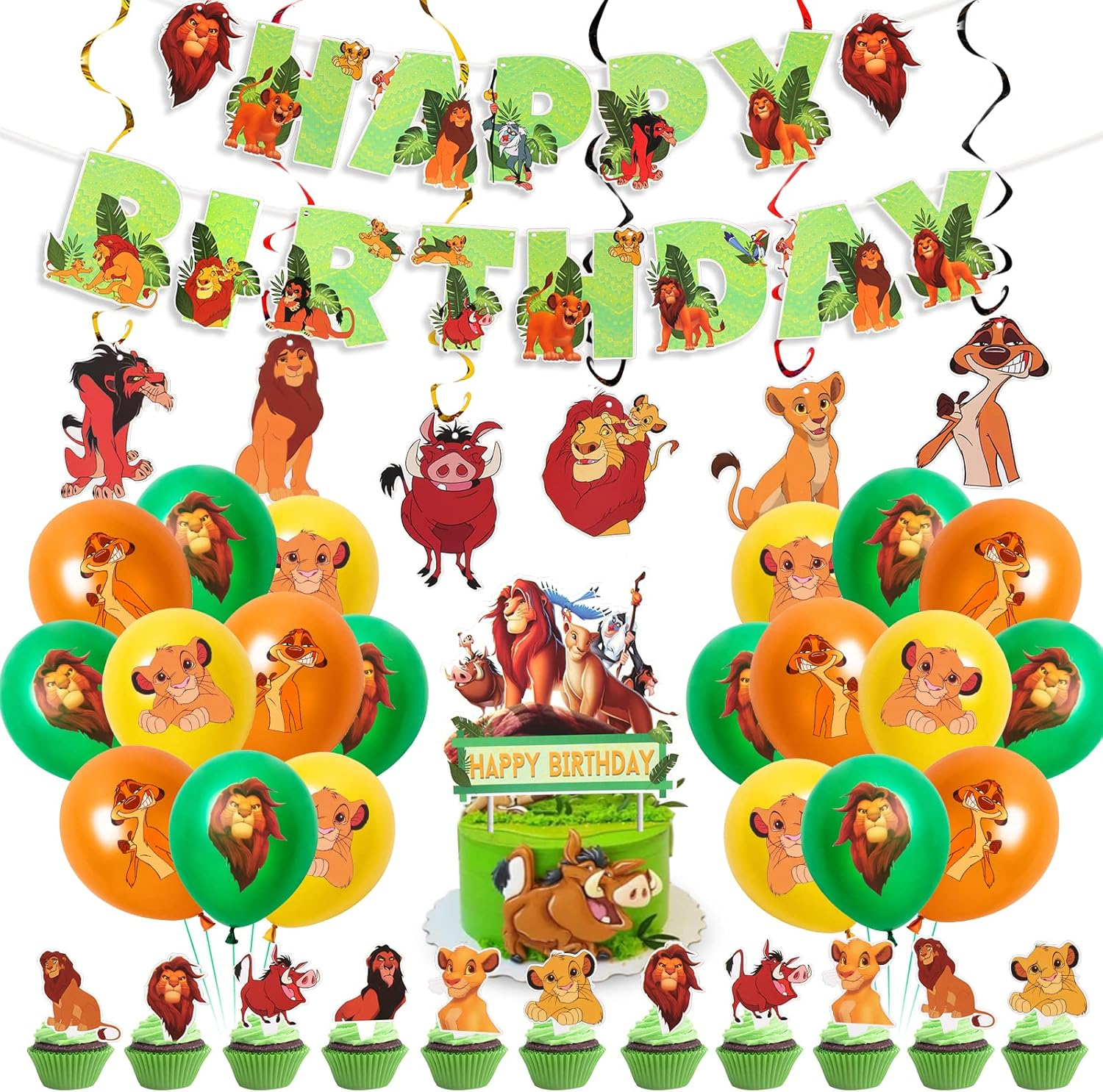 Tydeus Birthday Balloons Lion, 48-Piece Jungle Kit: 18 Cartoon Latex (6 Yellow, 6 Orange, 6 Green), 2 Foil Lion Balloons, 1 Banner, 24 Cake Decorations, Ribbon, Straw