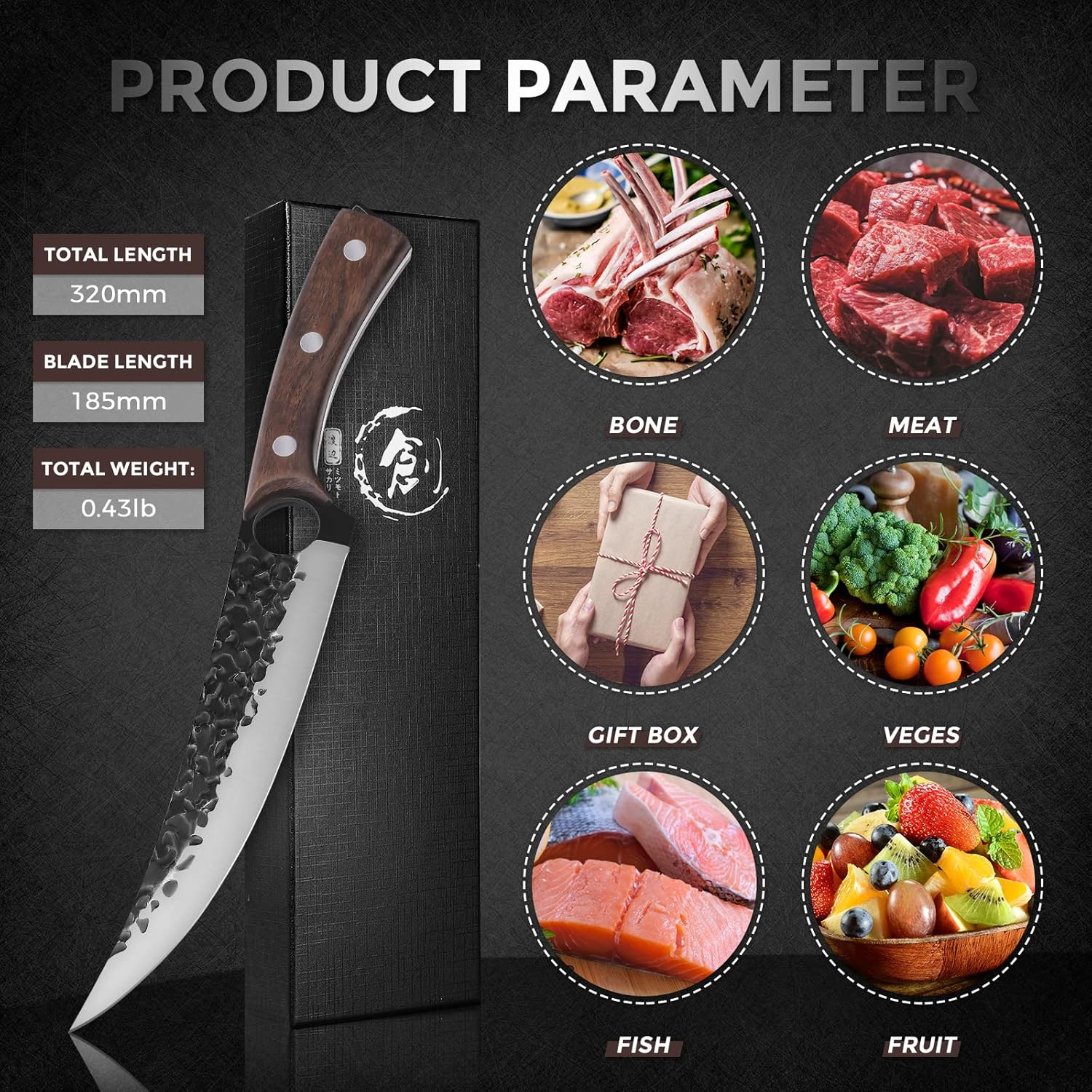 Purple Dragon 7 Inch Boning Knife Hand Forged Fillet Knife Full Tang Chef Knife Meat Vegetable Cleaver High Carbon Steel Kitchen Knife for Fish Meat Deboning with Gift Box for Home Kitchen Restaurant image number 4