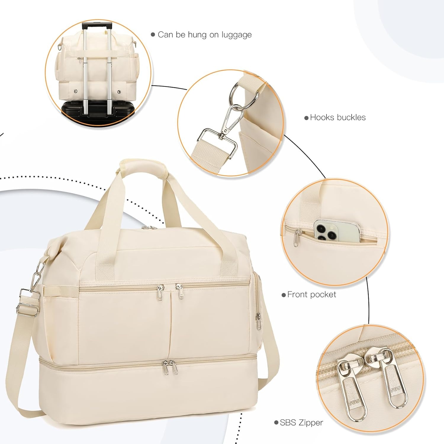 Kono Travel Duffel Bag 32L Water-Resistant Gym Tote Bag with Shoes Compartment Cosmetic Bag Detachable Shoulder Strap Lightweight Holdall Luggage Bag Weekend Bag with Trolley Sleeve - Grey image number 2