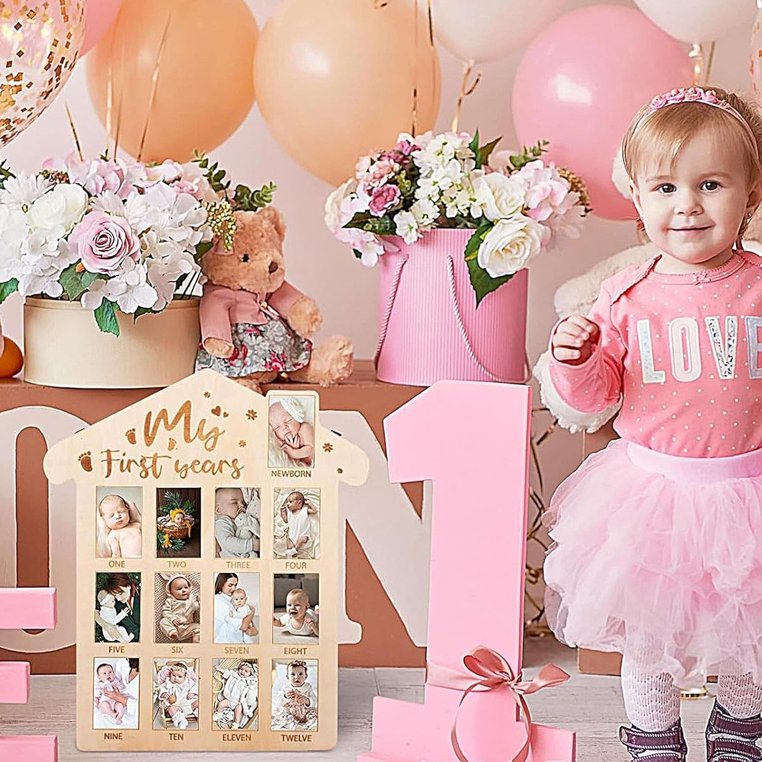 Newborn Frames - Wooden Monthly Garland First Birthday Timeline | Decorative Memory Banner with Clips for Baby Photo Showcase, Room Ornament, Mo image number 4