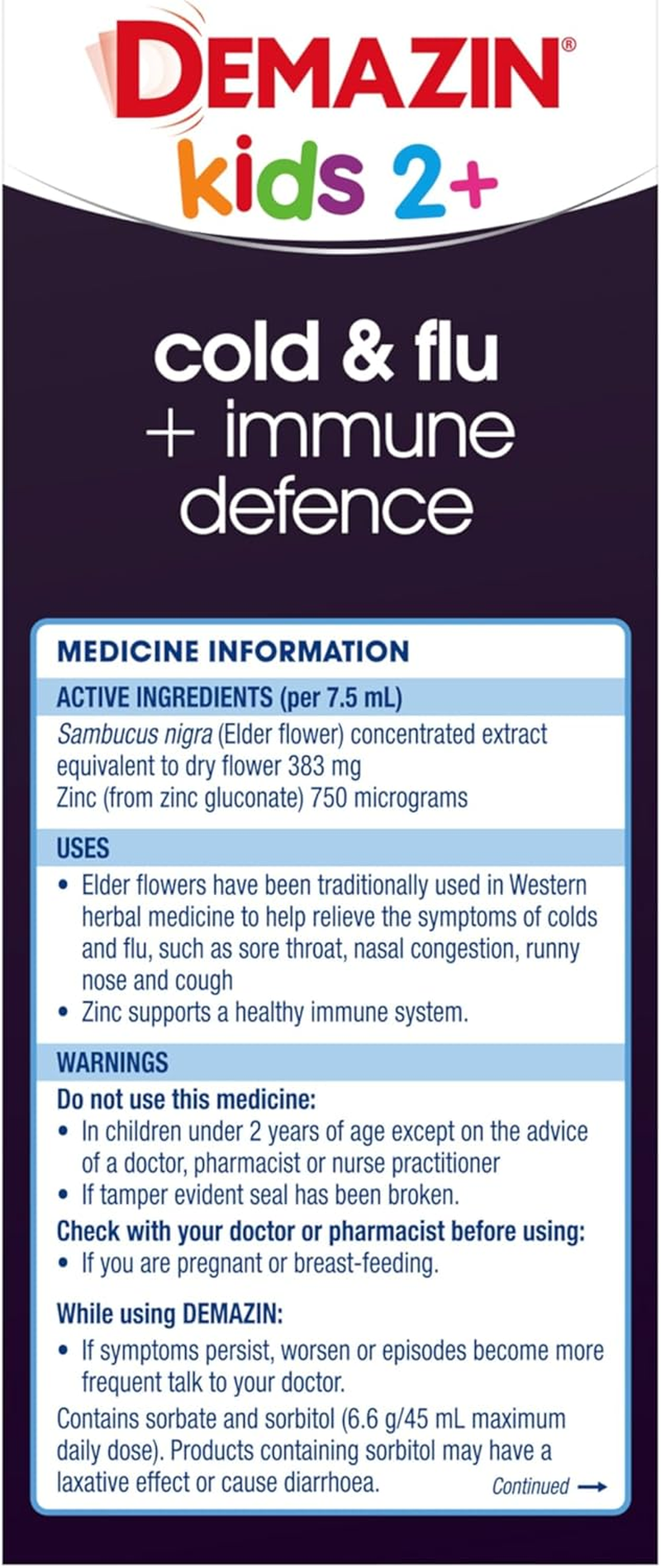 Demazin Cold and Flu + Immune Defence Natural Berry Oral Liquid for 2+ Years Kids 200 Ml image number 2