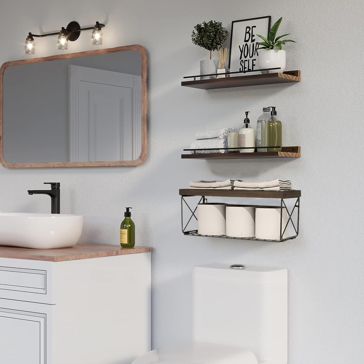 Hoiicco Bathroom Shelves with Metal Guardrail, Wood Floating Shelves over Toilet with Wire Storage Basket, Floating Wall Shelves for Bedroom, Living Room, Kitchen and Bathroom Toilet Paper - Brown