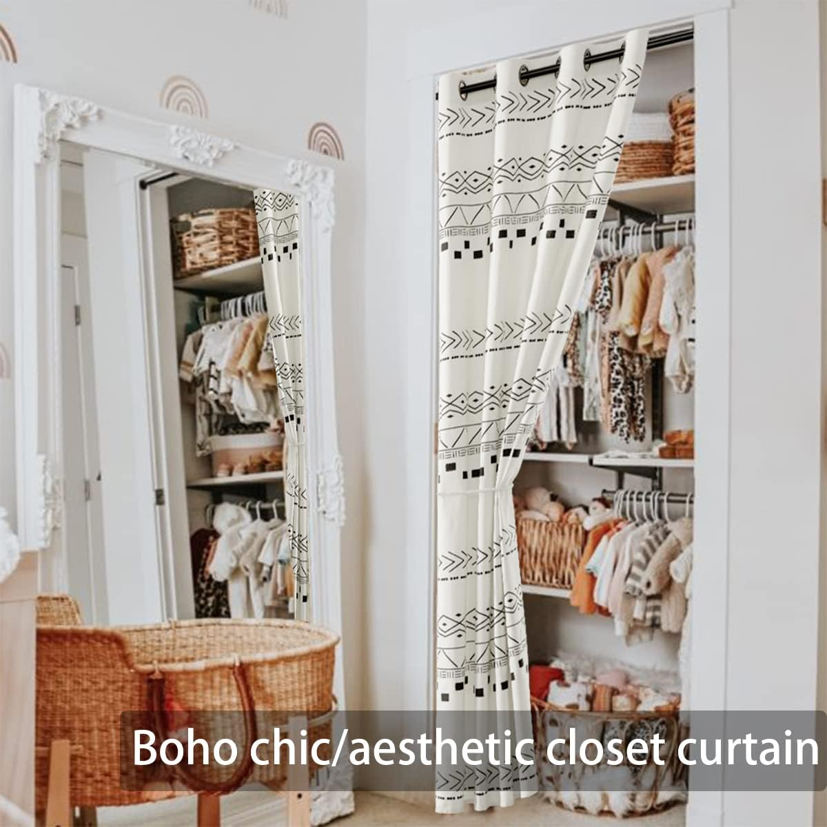 Cream Black Curtains for Living Room,Boho Chic Decor,Single Panel,Semi Blackout/Privacy,Accordion Door Curtain for Bedroom Doorway Balcony Interior Shower Bifold Door,80 Inch Length,Natural Beige image number 3